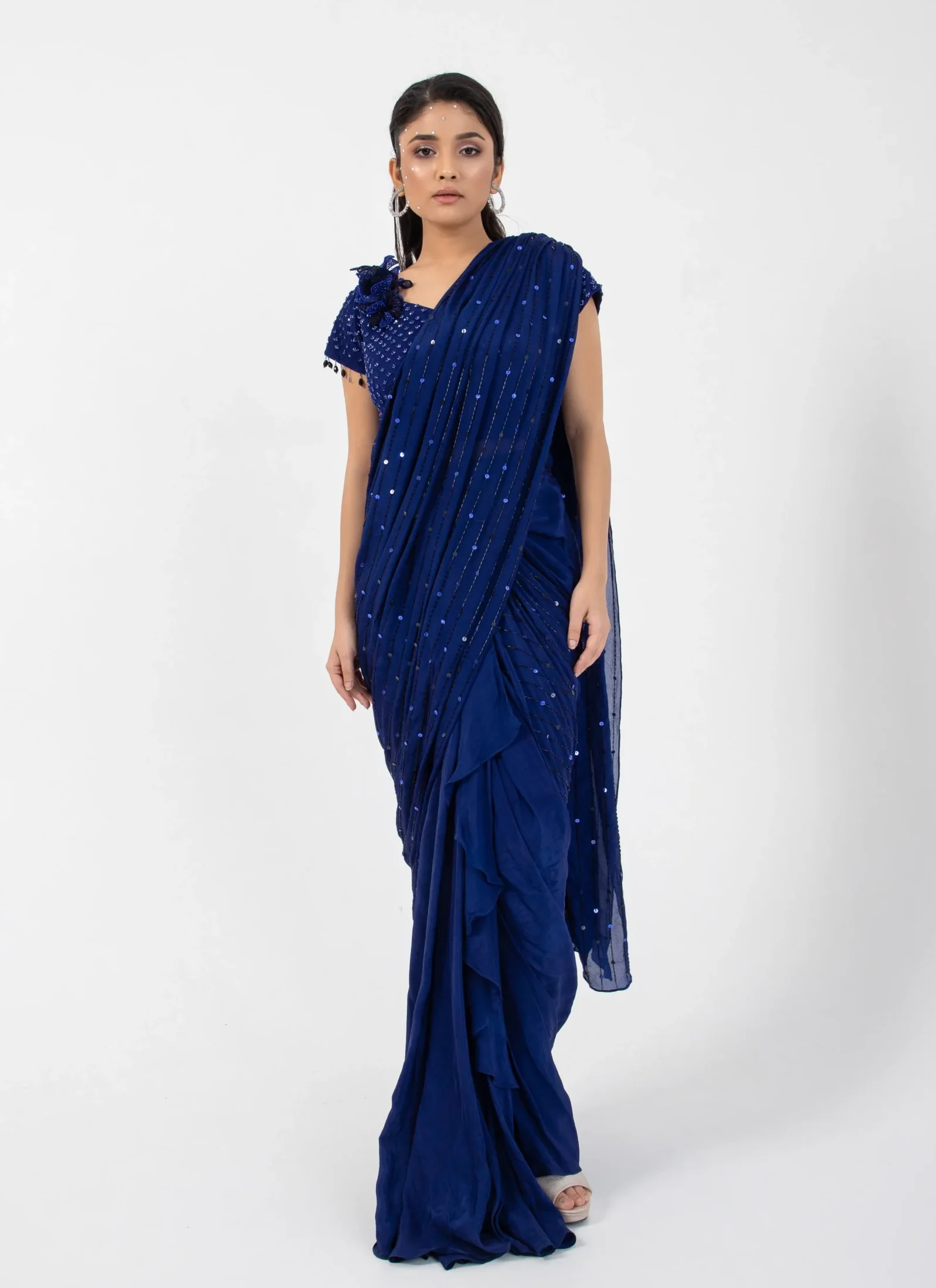 Midnight Navy Pre Draped Saree with Shimmering Beaded Blouse from Golden Muslin By Anuj Agarwal