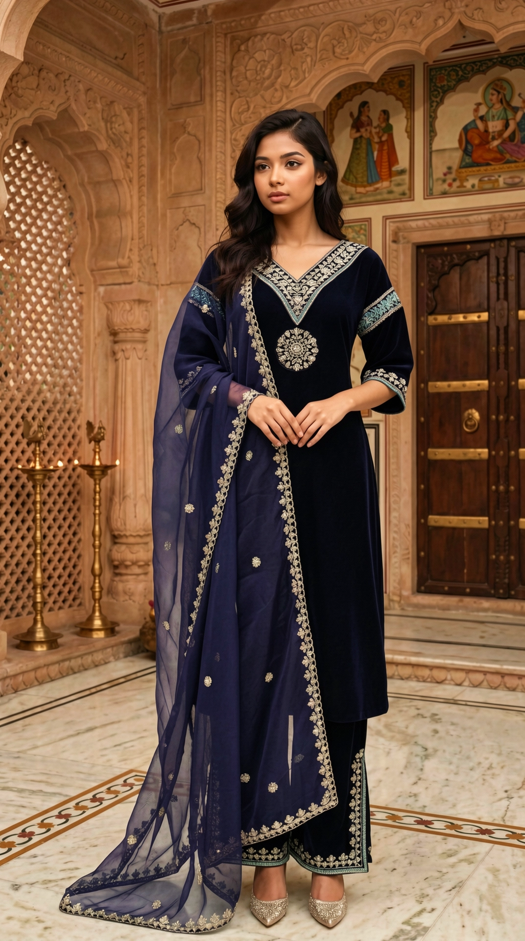 Navy Blue Velvet Kurta Culotte Set with Silver Tilla Embroidery and Organza Dupatta from Golden Muslin By Satya JB