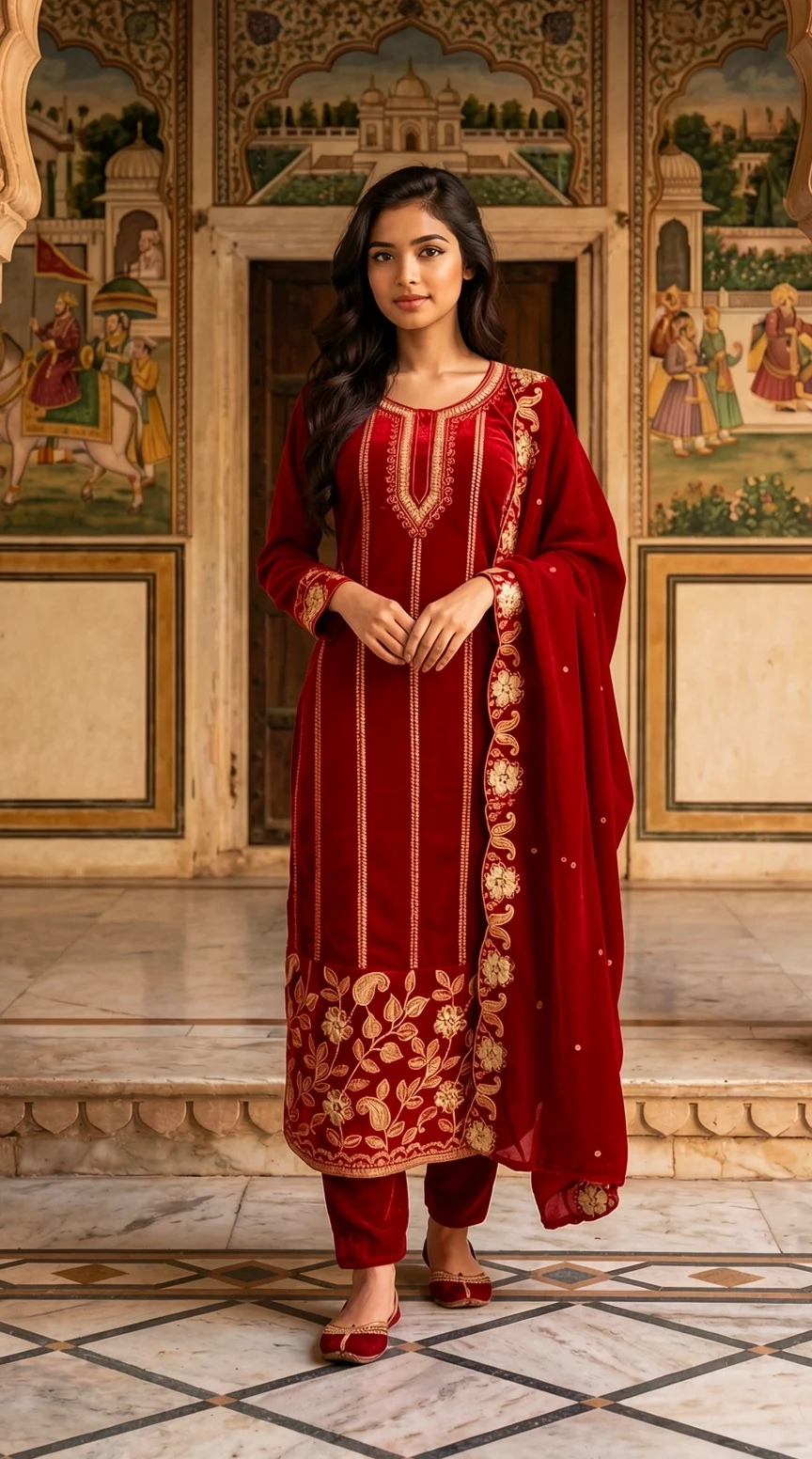 Deep Red Velvet Kurta Set with Zari Embroidery, Velvet Trousers and Dupatta from Golden Muslin By Satya JB