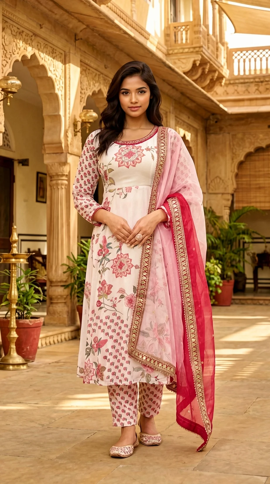 Ivory Floral Anarkali Set with Gota Patti Border and Organza Dupatta from Golden Muslin By Satya JB