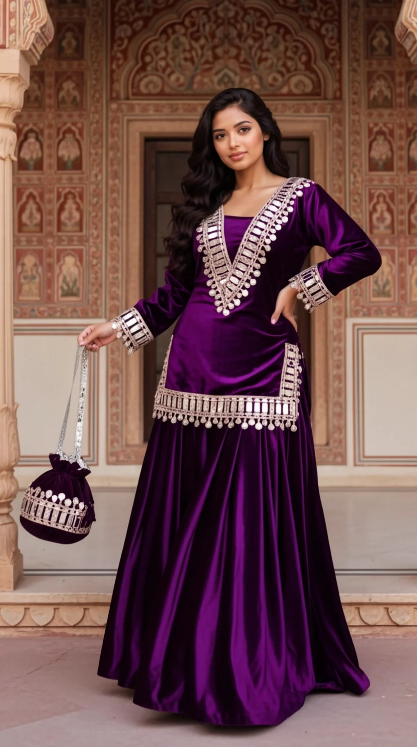 Velvet Kurta Set with Sequin Embroidery and Flared Bottoms from Golden Muslin By Satya JB