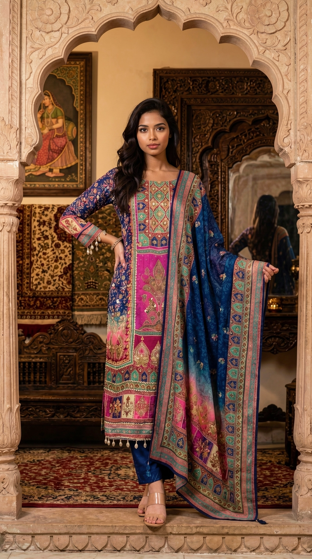 Chinon Kurta Set with Multicolor Embroidery, Coordinated Bottoms and Dupatta from Golden Muslin By Satya JB