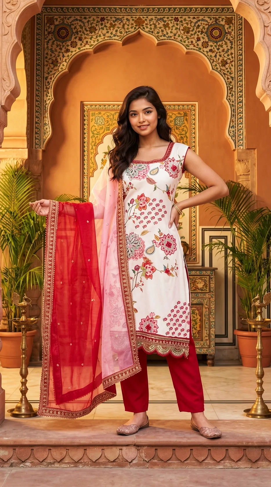 White Georgette Kurta Set with Tonal Embroidery, Matching Bottoms and Pink Dupatta from Golden Muslin By Satya JB