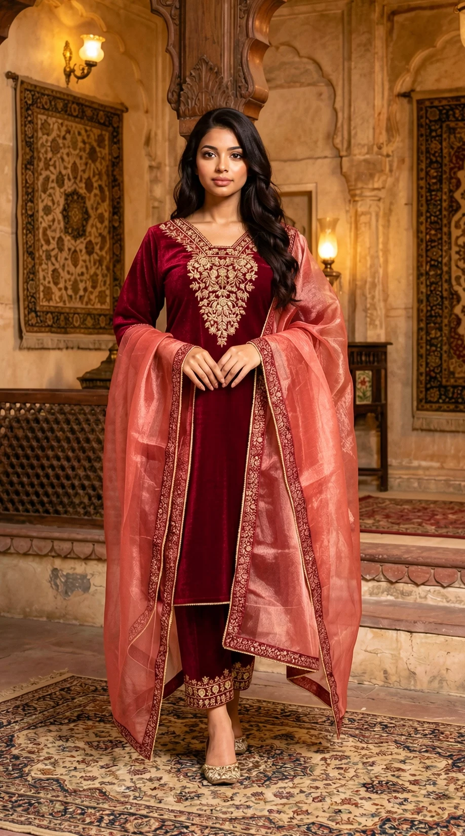 Maroon Velvet Kurta Set with Gold Zari Embroidery, Straight Pants and Organza Dupatta from Golden Muslin By Satya JB