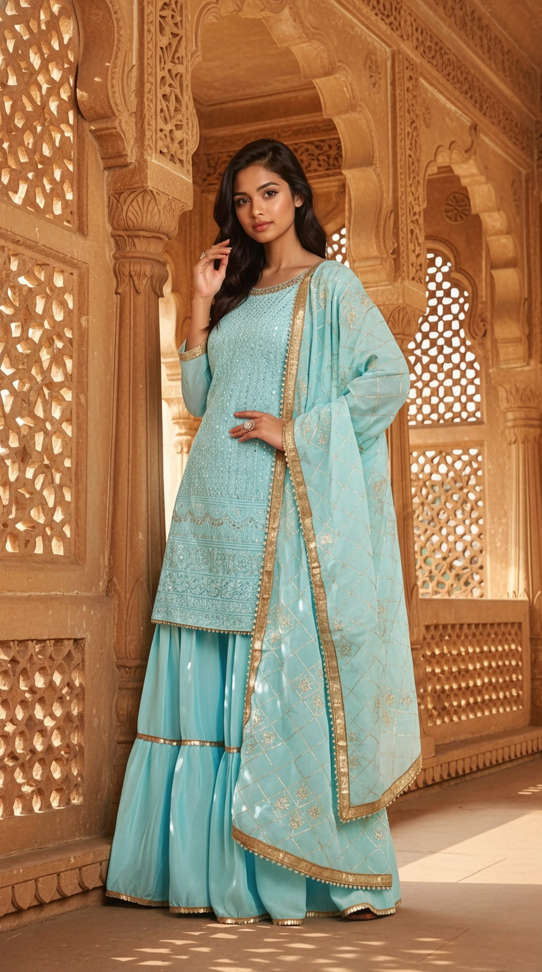 Chinnon Silk Kurta Set with Embroidery, Sequin Work, Flared Bottom and Dupatta from Golden Muslin By Satya JB