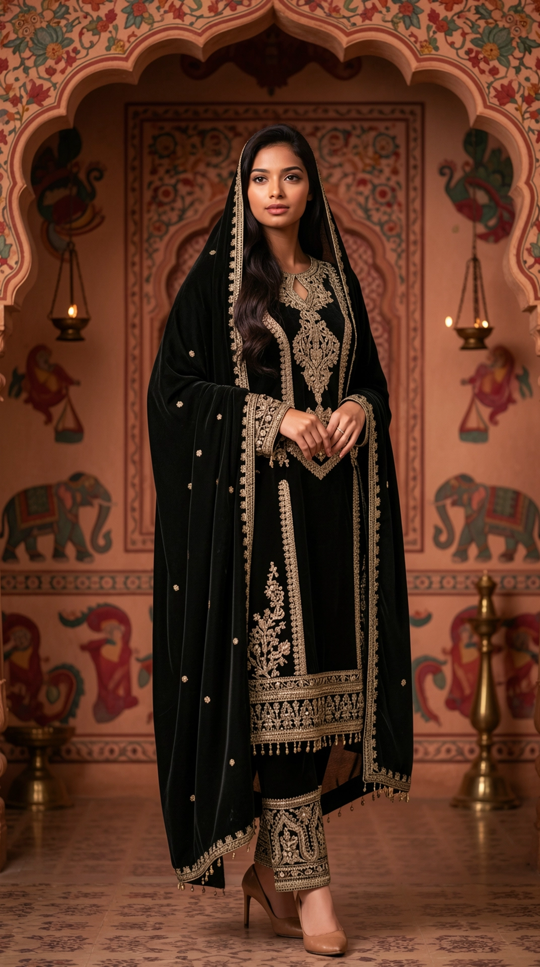 Velvet Kurta Set with Gold Embroidery, Embroidered Pants and Dupatta from Golden Muslin By Satya JB