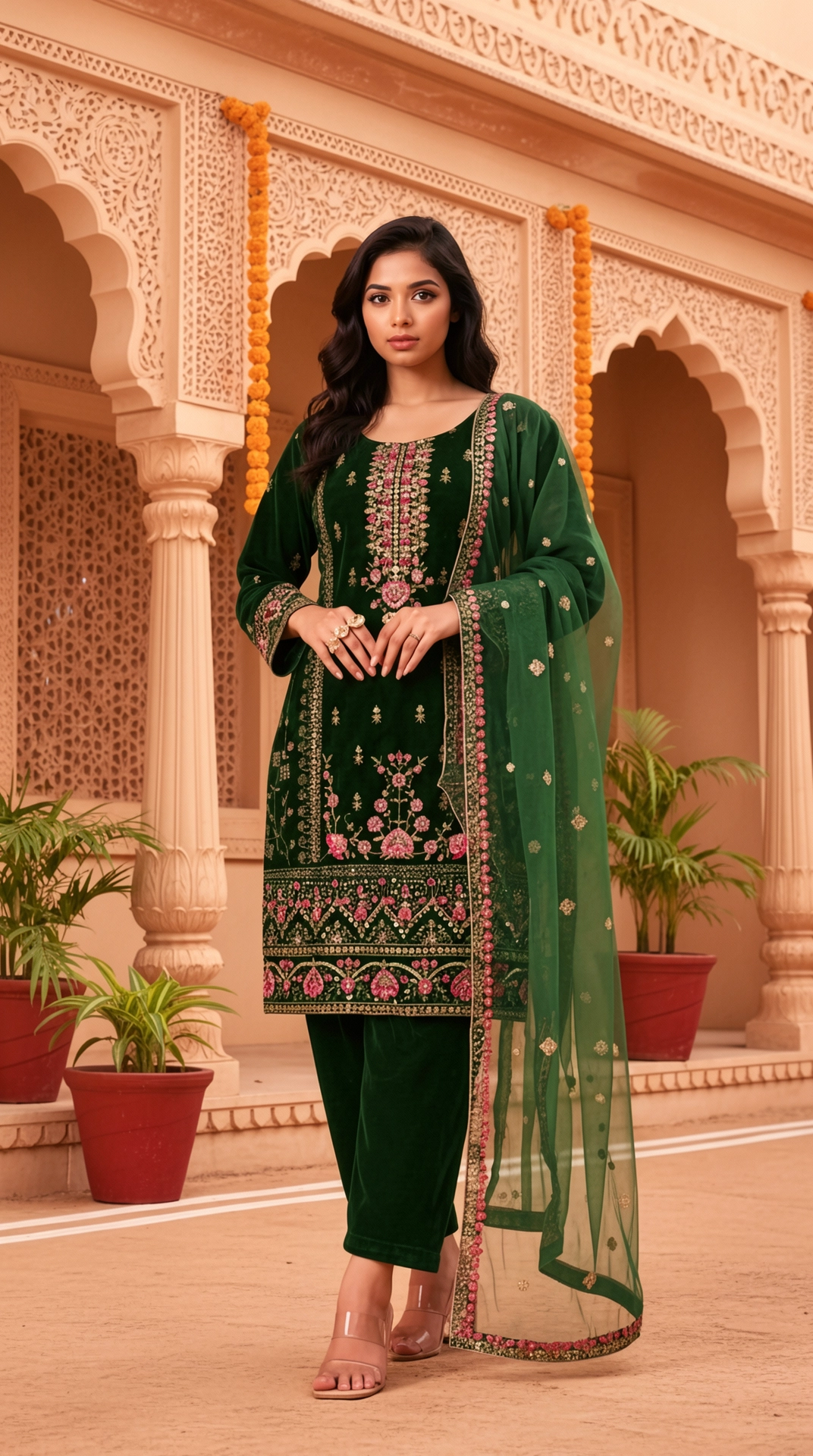 Velvet Kurta Set with Zari Floral Embroidery, Velvet Trousers and Net Dupatta from Golden Muslin By Satya JB