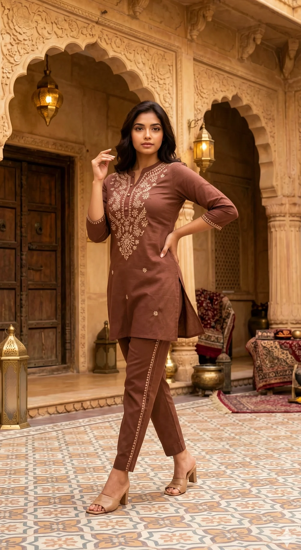 Brown Rayon Kurta Set with Embroidery and Straight Pants from Golden Muslin By Satya JB