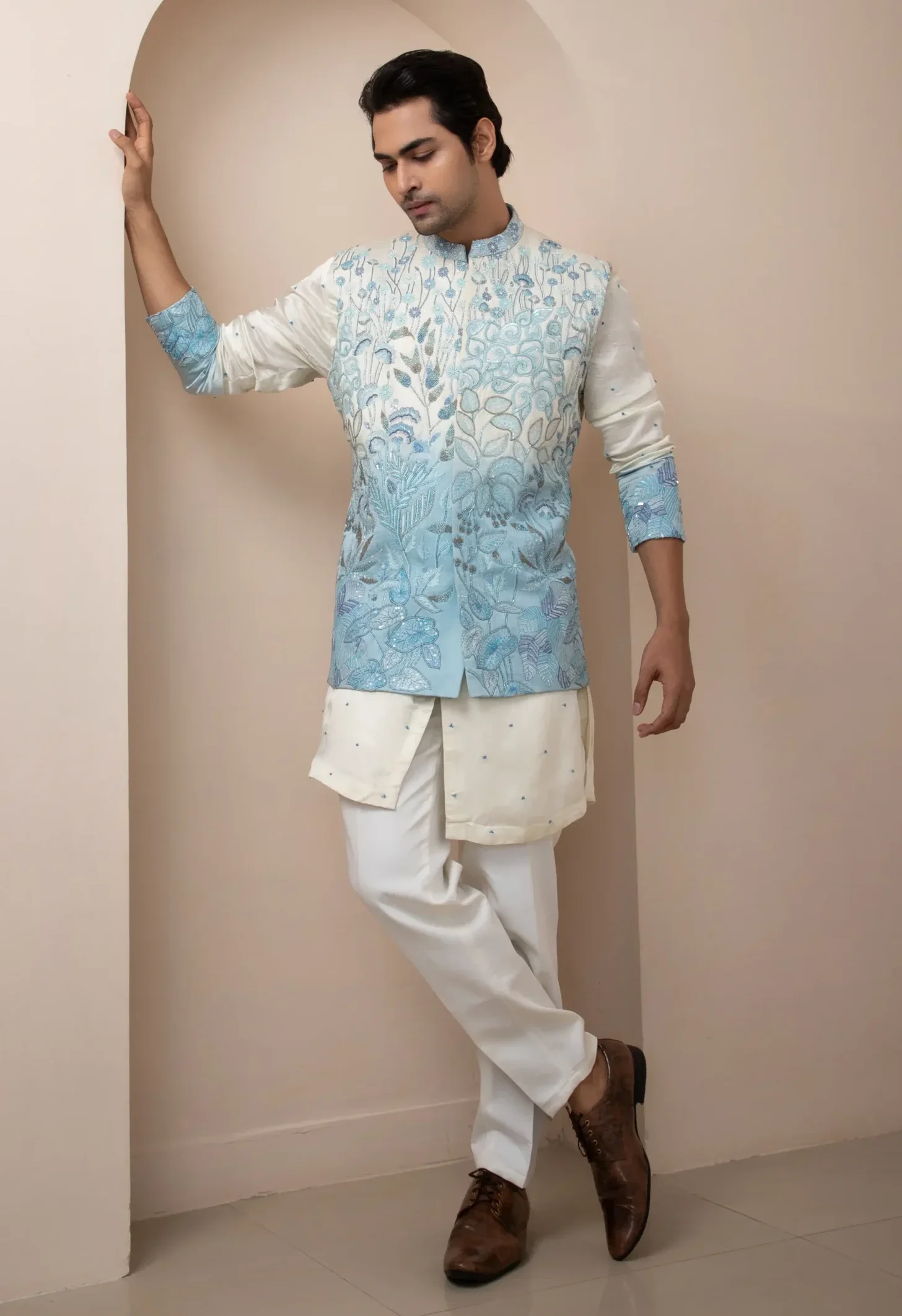 Ombre Kurta Set with Embroidered Nehru Jacket from Golden Muslin By Anuj Agarwal