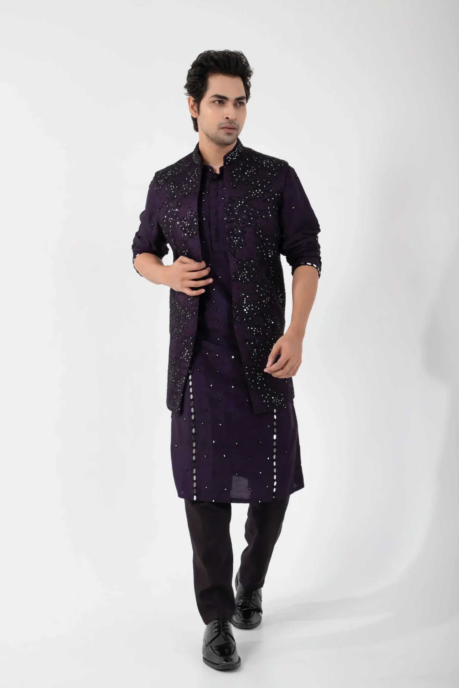 Violet kurta set with deep plum linen satin Nehru jacket by Golden Muslin featuring tonal embroidery and band collar