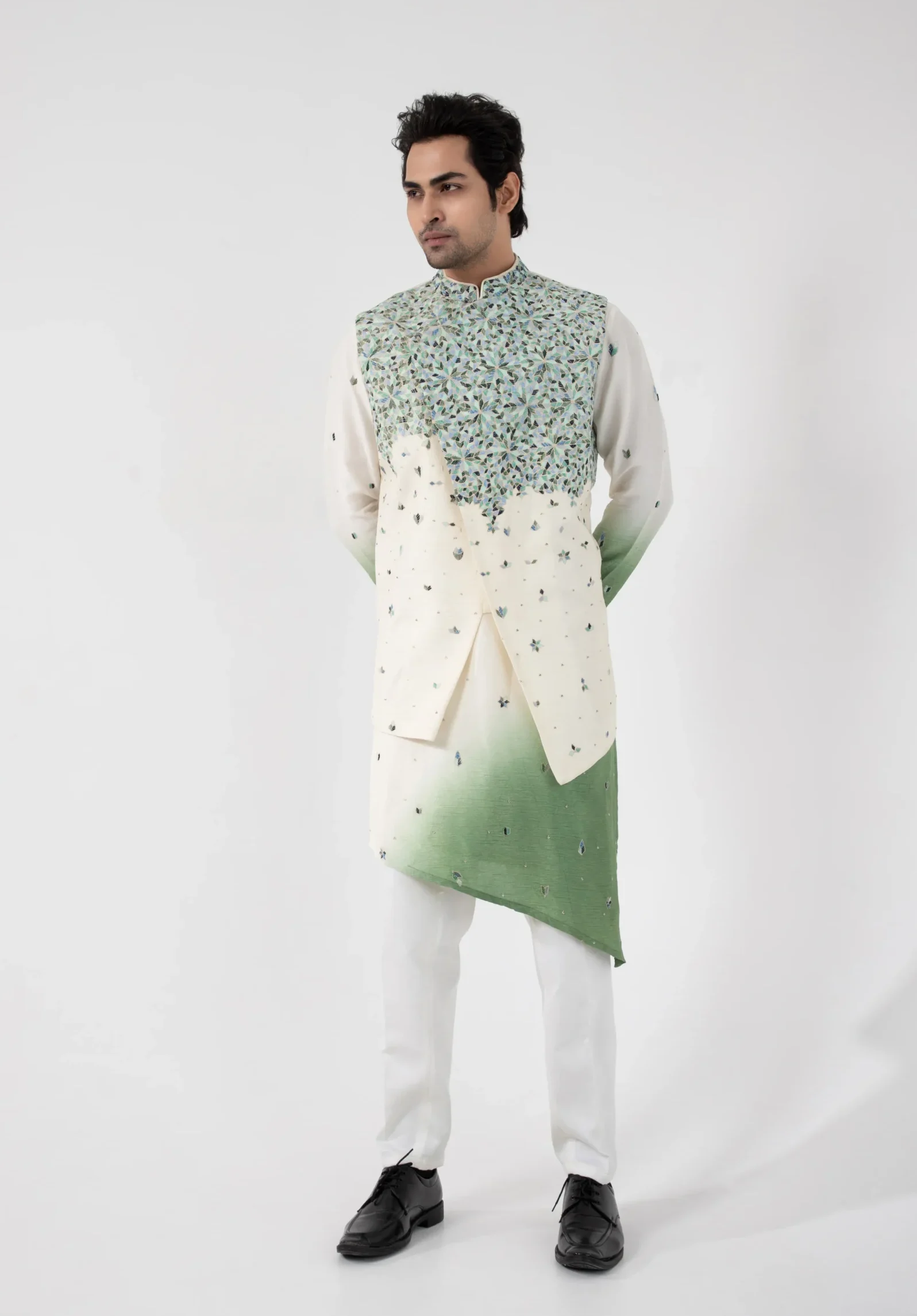 Golden Muslin Ivory Sage Green Ombre Nehru Jacket Kurta Set with silk jacket, embroidered silk mulmul kurta and cotton trousers