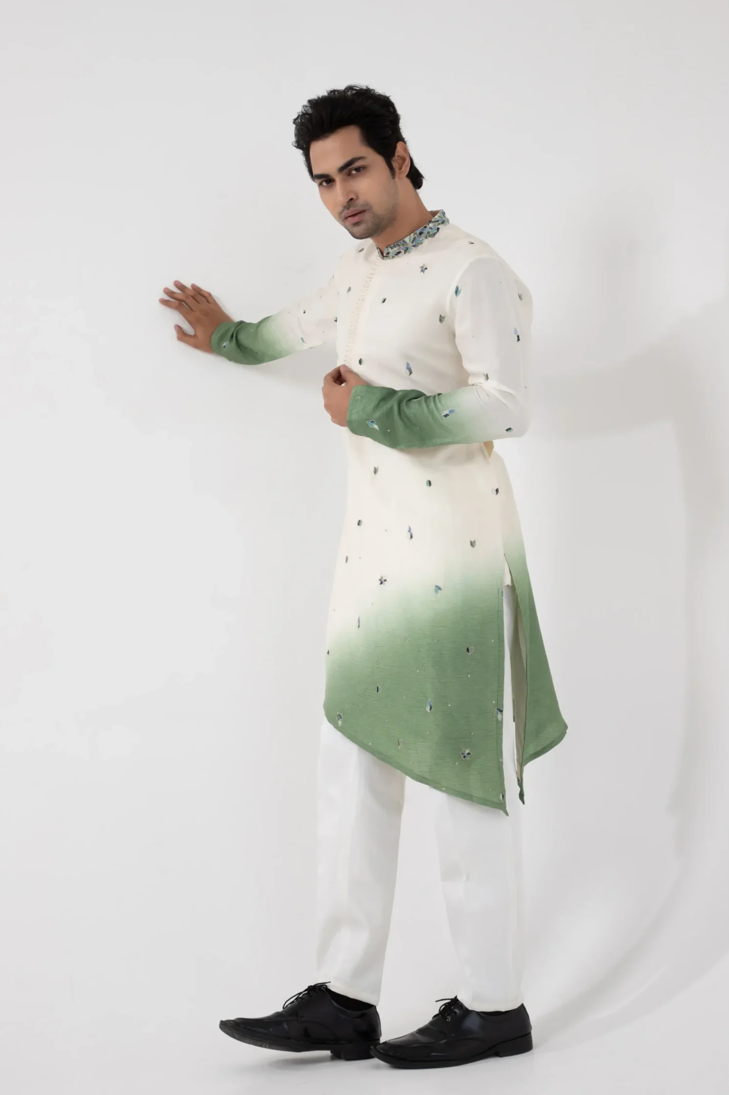Golden Muslin ivory and sage green silk mulmul ombre kurta set with embroidery and cotton trousers