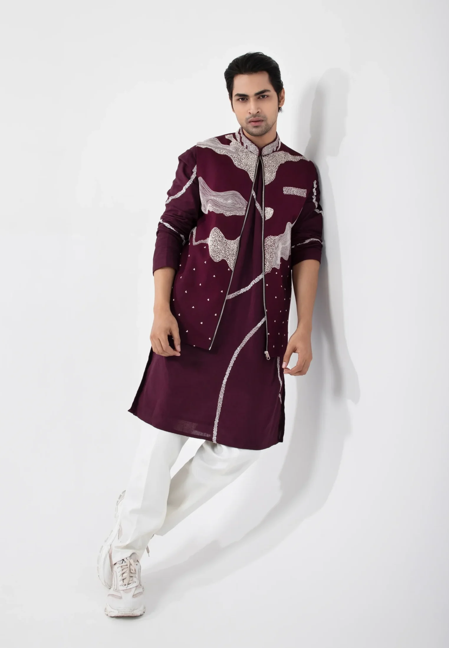 Golden Muslin Wine Cotton Khadi Nehru Jacket and Kurta Set with bead and knot embroidery and white pant.