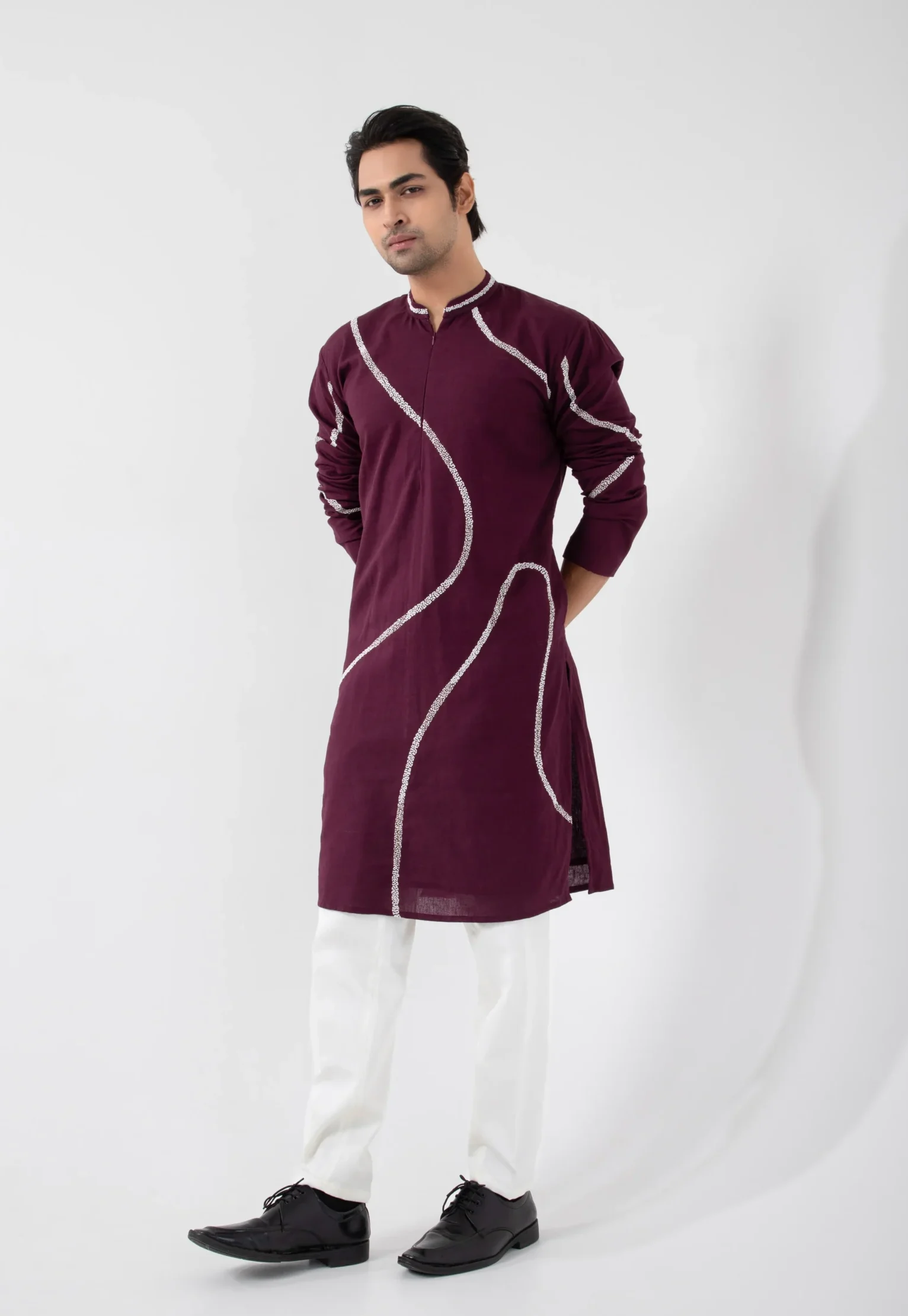 Wine Cotton Khadi Kurta Set with Wavy Embroidery from Golden Muslin By Anuj Agarwal