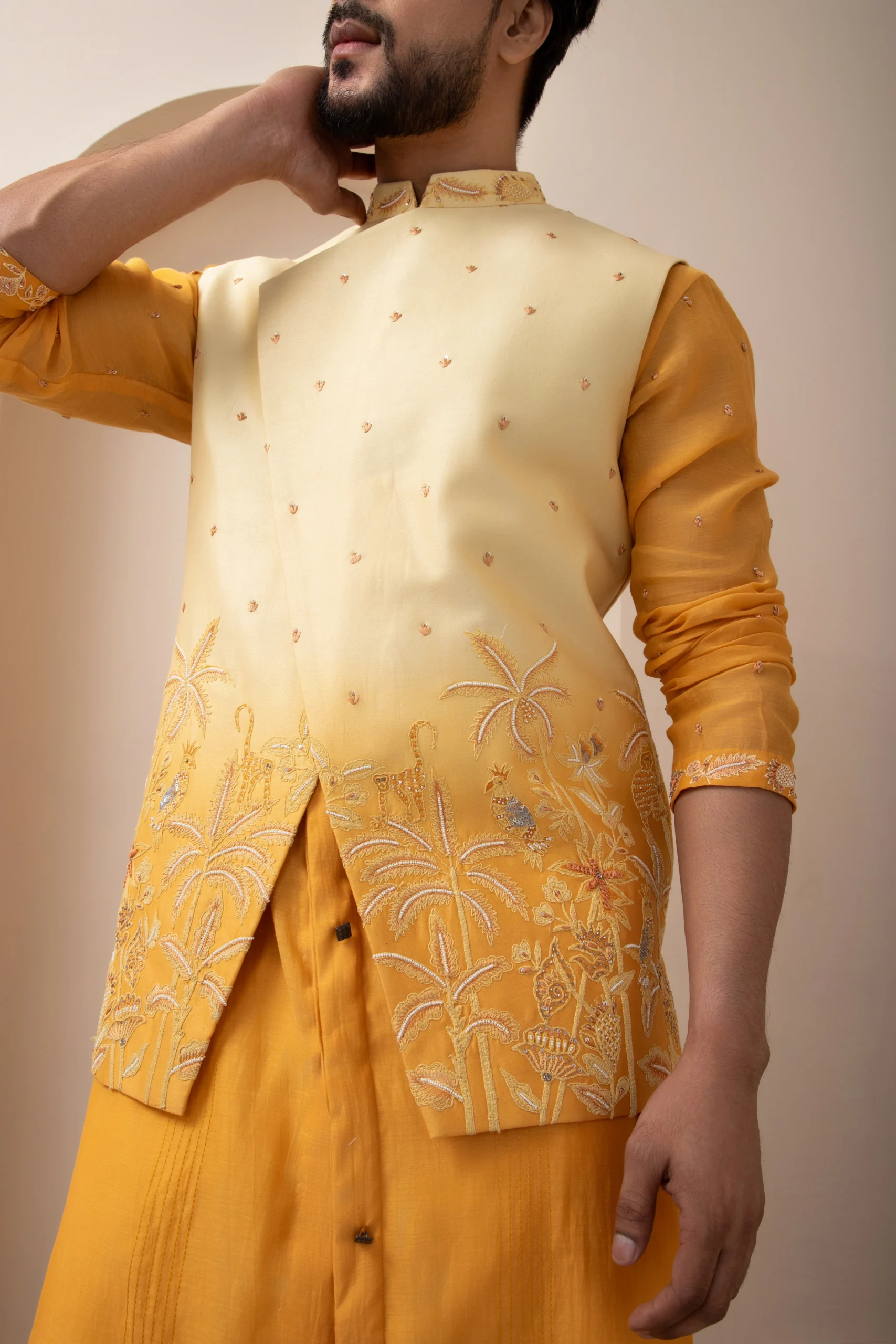 Golden Muslin Mustard & Cream Chanderi Ombre Embroidered Nehru Jacket