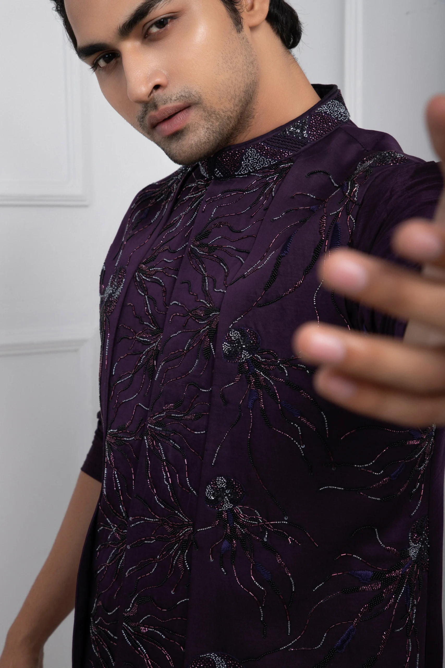 Deep Purple Nehru Jacket Set with Floral Embroidery from Golden Muslin By Anuj Agarwal