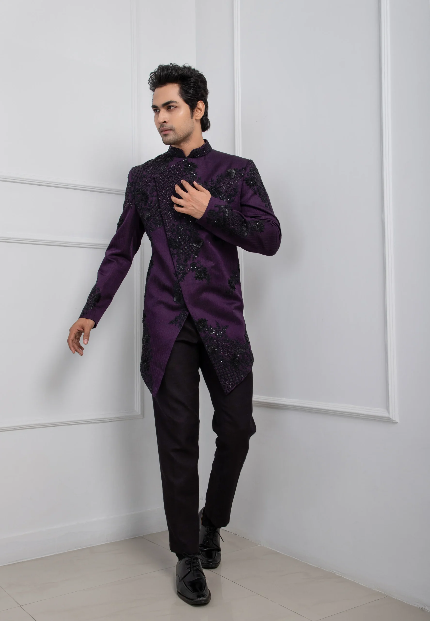 Plum Indo Western Bandhgala Jacket Set with Embroidery from Golden Muslin By Anuj Agarwal
