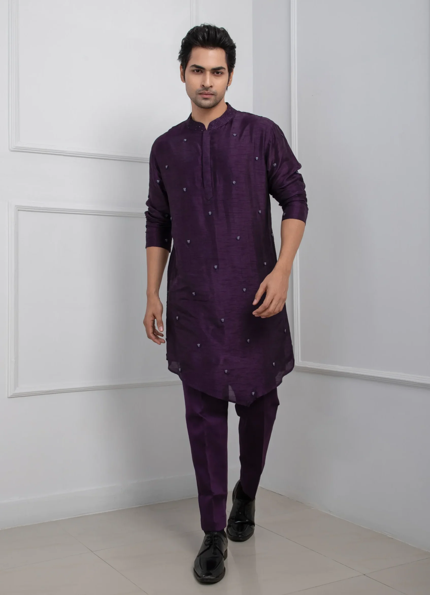 Regal Purple Silk Kurta Set with Embroidery from Golden Muslin By Anuj Agarwal
