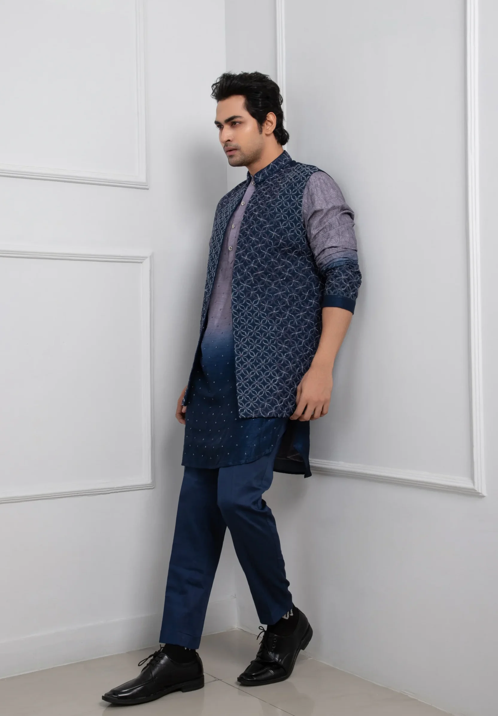 Golden Muslin Blue Silk Embroidered Nehru Jacket Kurta Set with geometric beadwork and ombre silk mulmul kurta