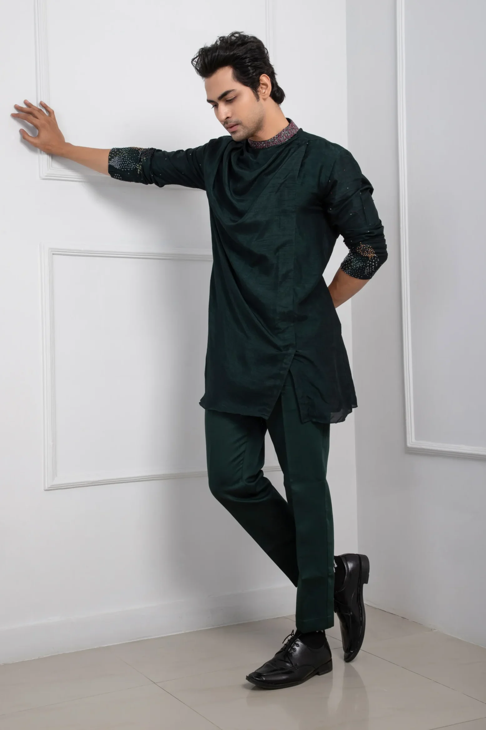 Forest Green Cowl Drape Kurta Set in Silk Mulmul from Golden Muslin By Anuj Agarwal