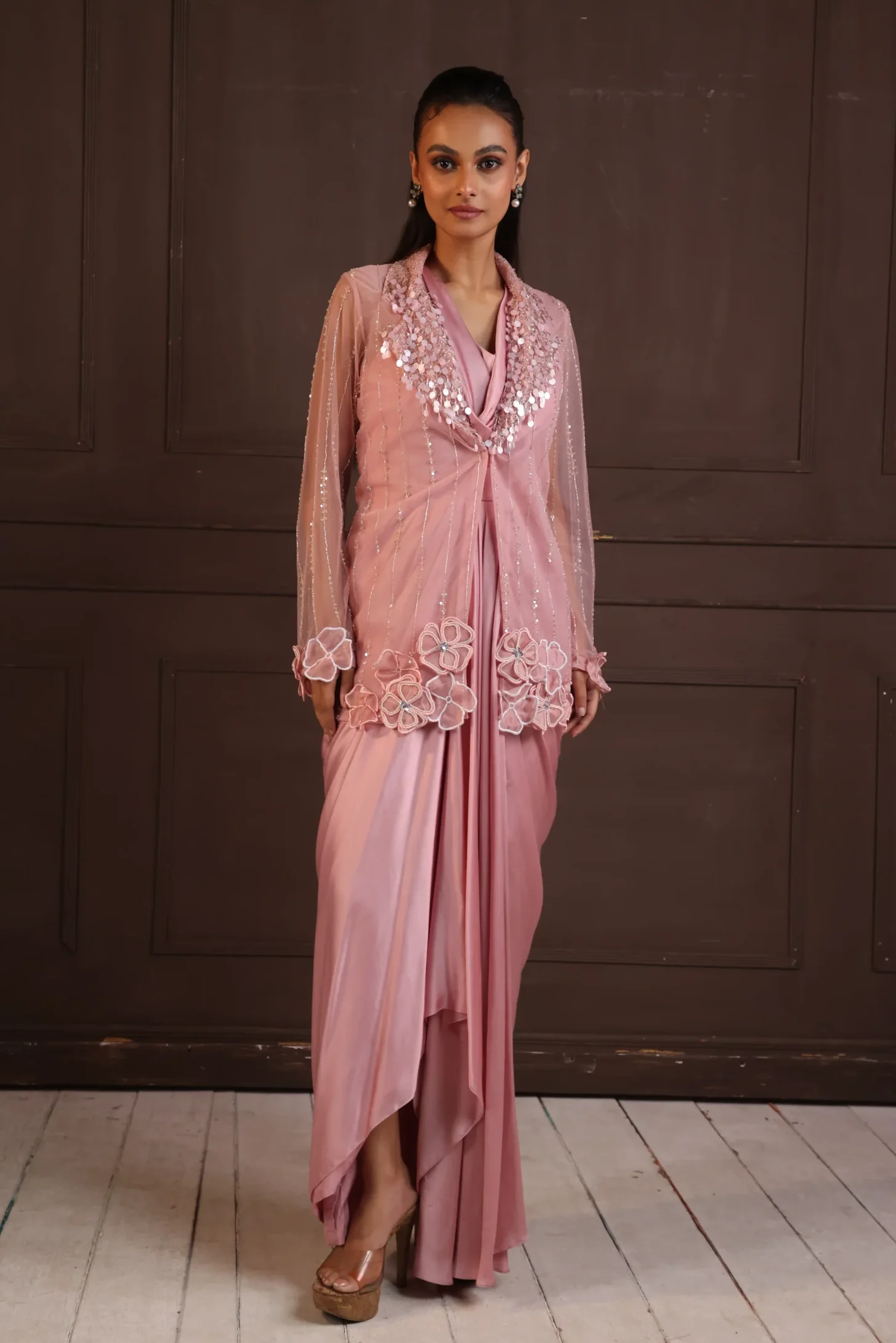 Blush pink embroidered fusion gown with elegant jacket from Golden Muslin By Anuj Agarwal