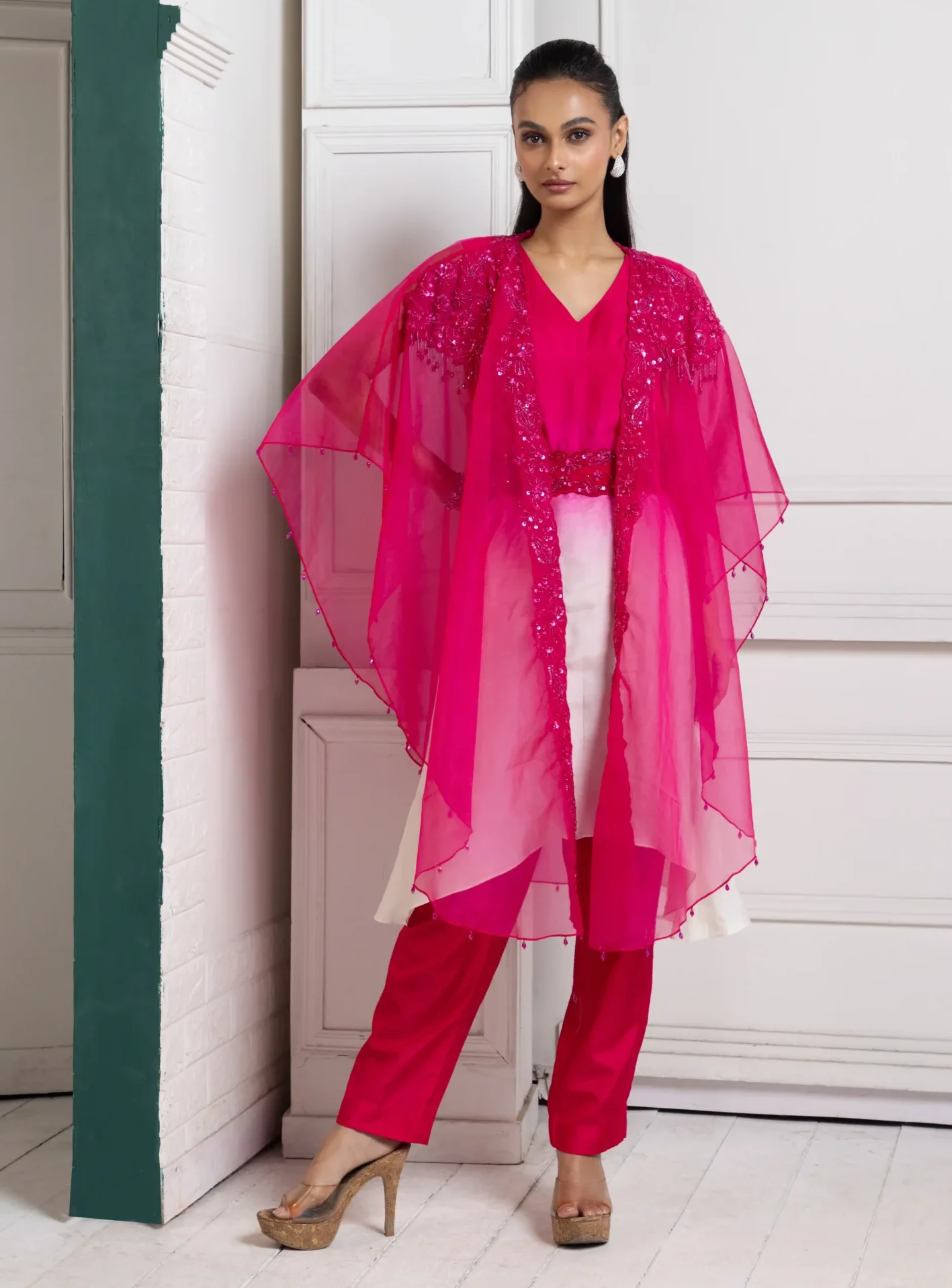 Pink organza ombre cape set with black sequin and bead embroidery from Golden Muslin By Anuj Agarwal