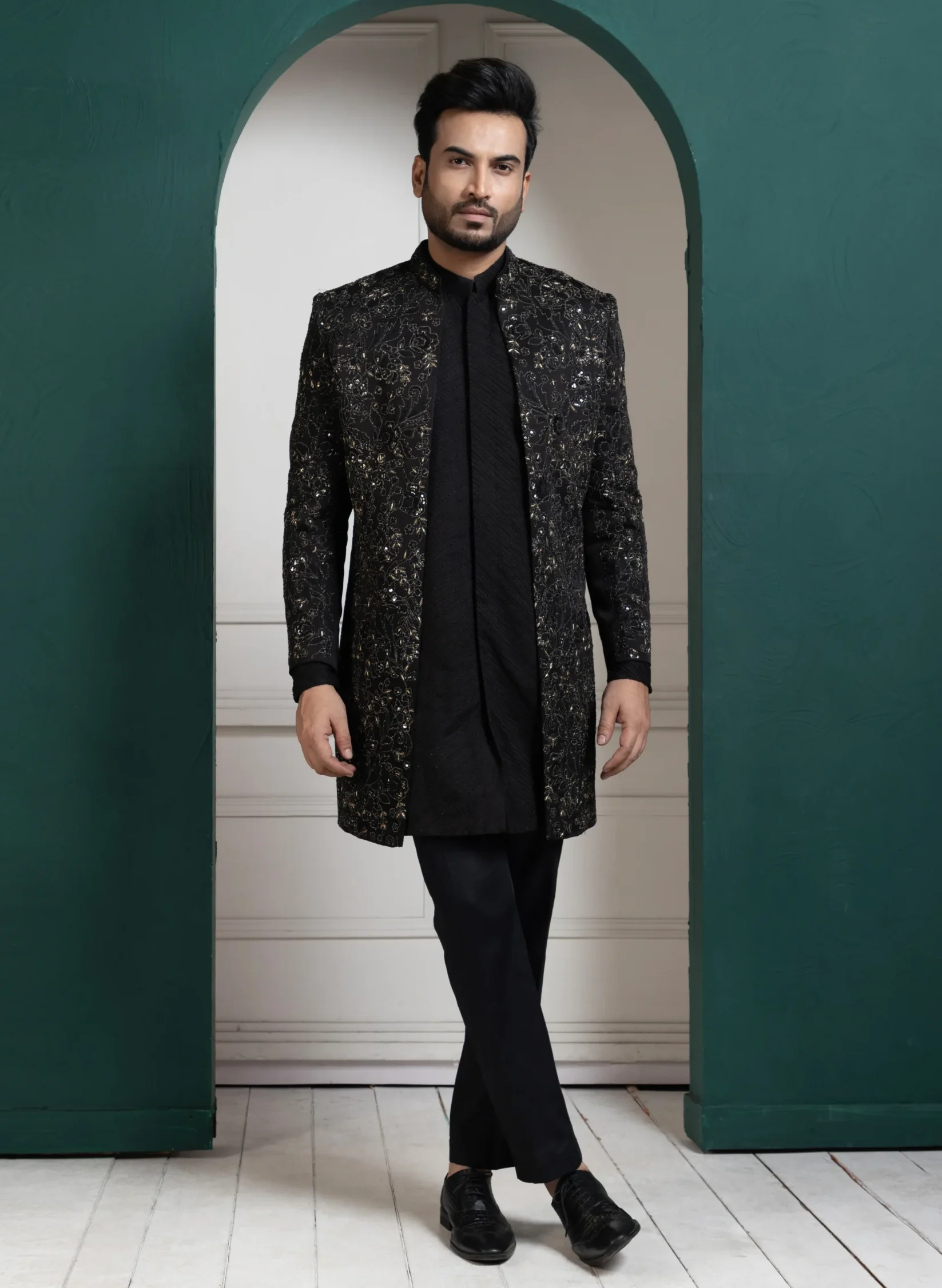 Black Embroidered Achkan Kurta Set from Golden Muslin By Anuj Agarwal