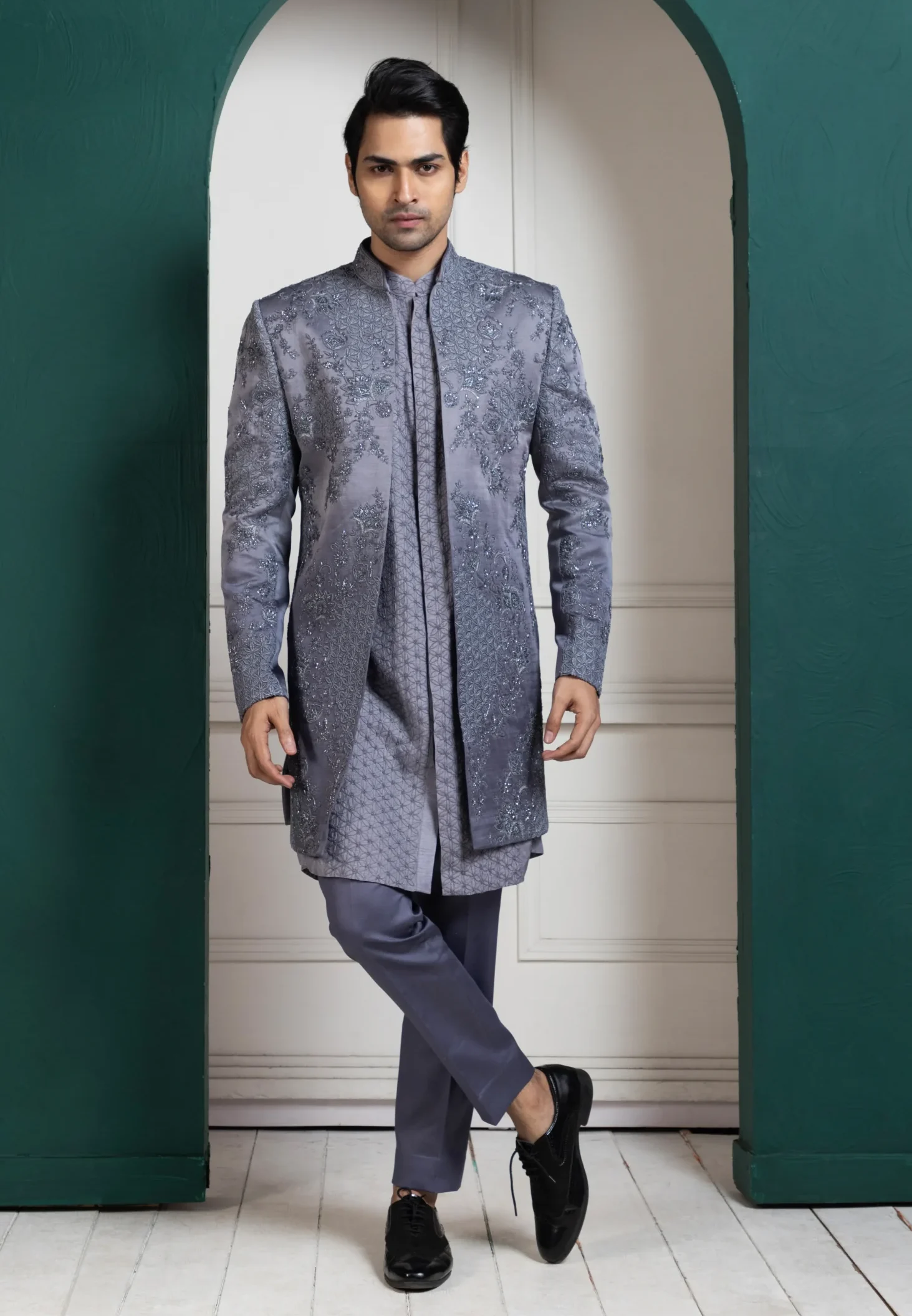 Golden Muslin silver intricately embroidered sherwani and kurta set with premium textured finish