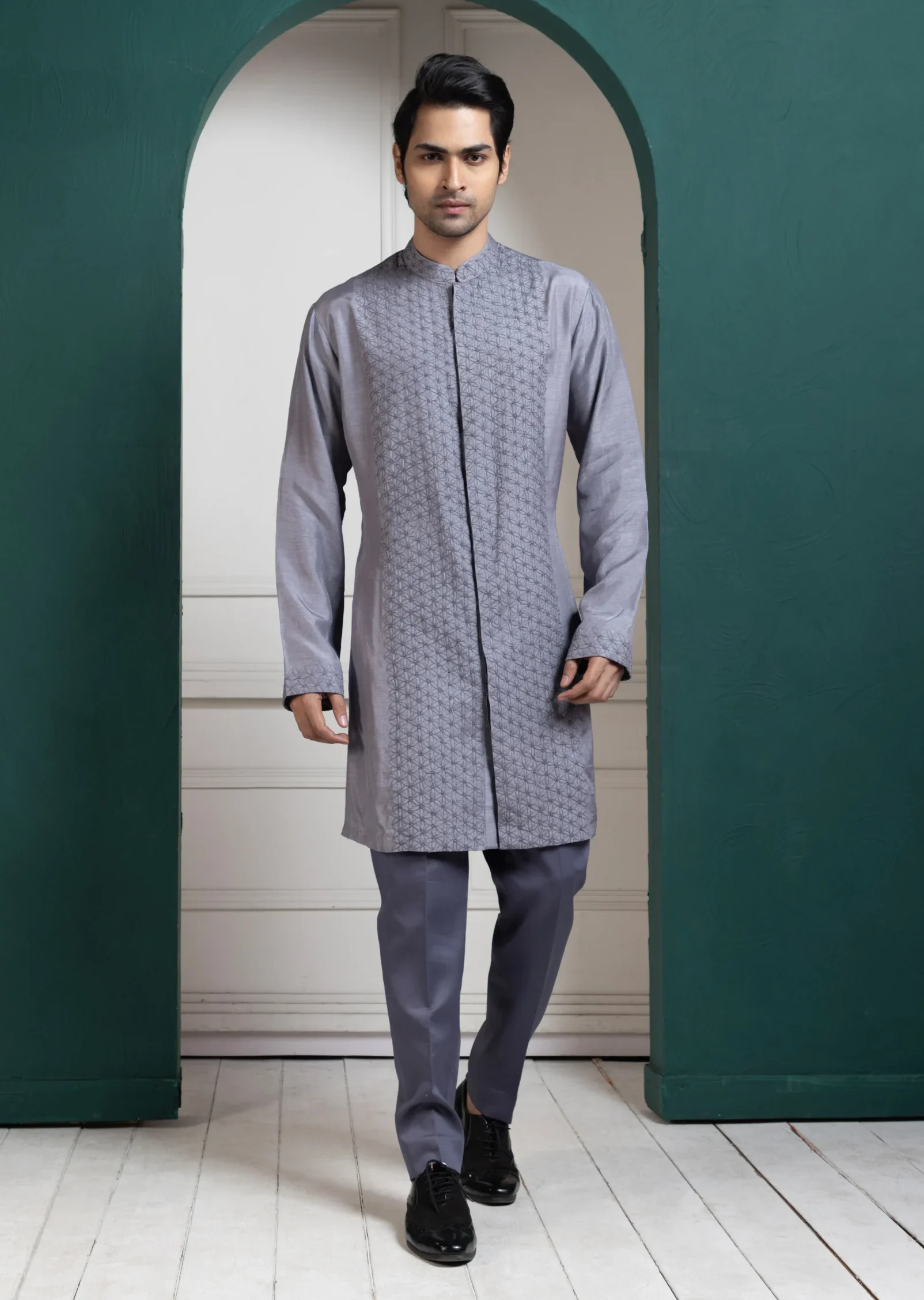 Golden Muslin classic grey textured kurta set with mandarin collar and tailored trousers