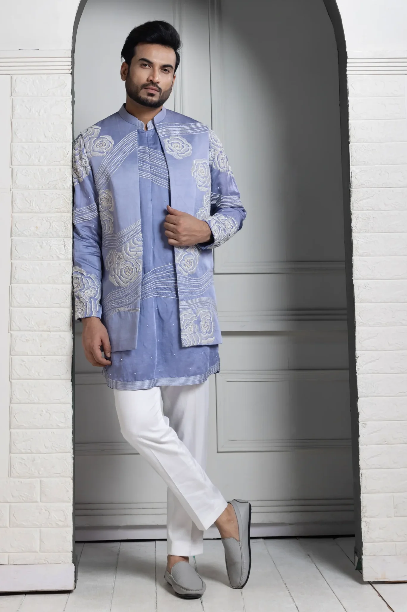 Pastel Blue Embroidered Nehru Jacket Kurta Set from Golden Muslin By Anuj Agarwal