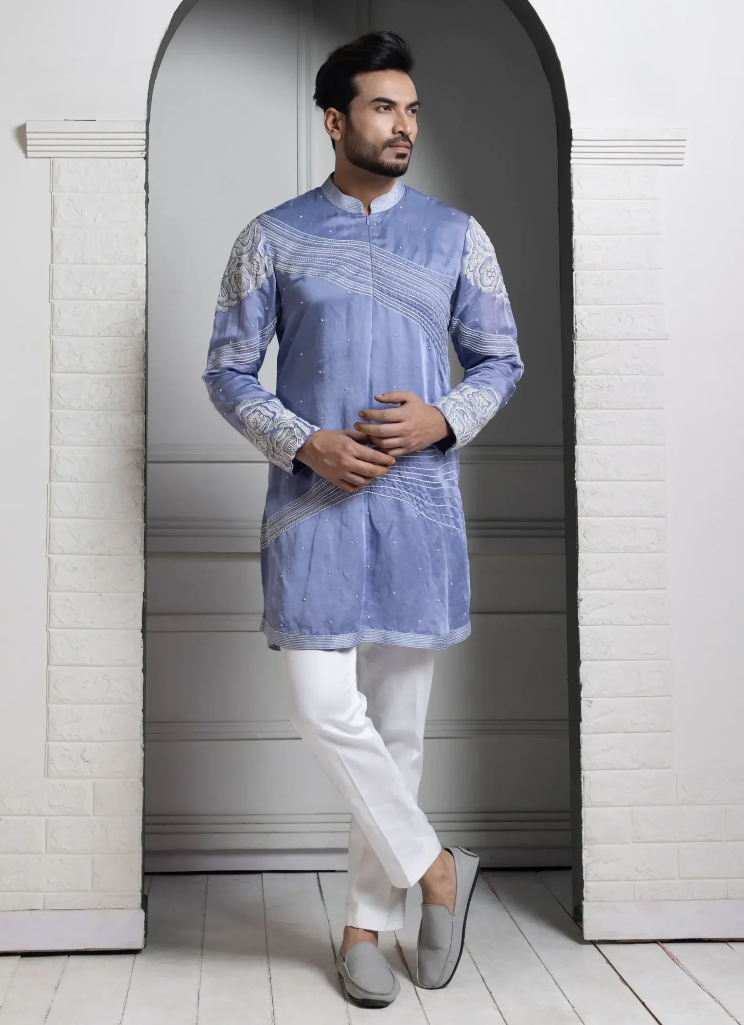 Pastel Blue Floral Embroidered Kurta Set from Golden Muslin By Anuj Agarwal