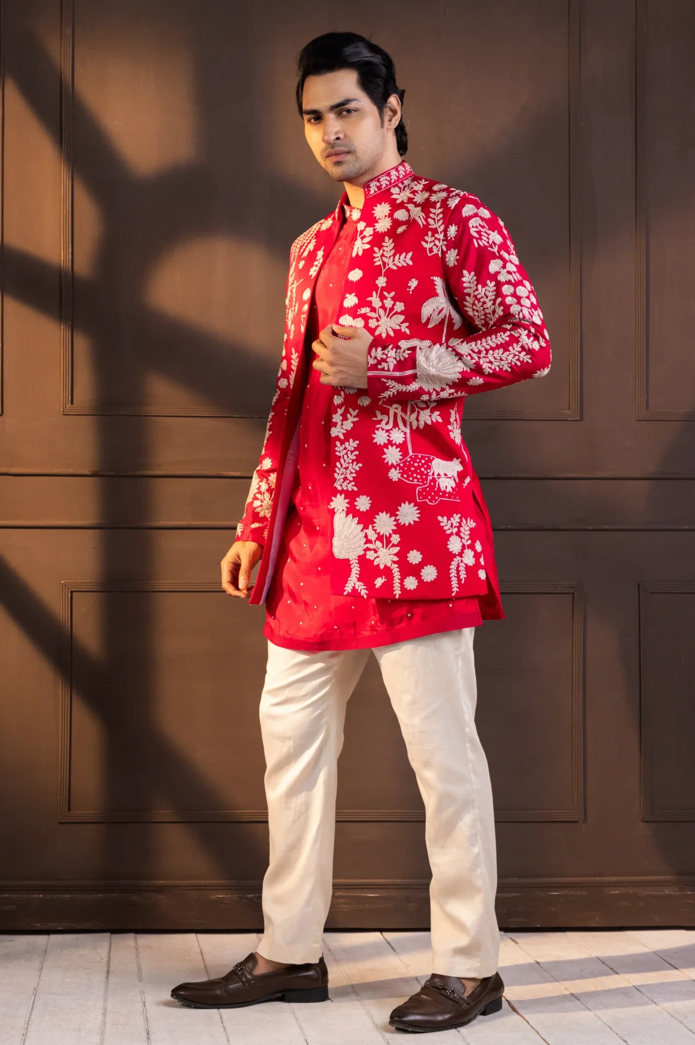 Red Embroidered Nehru Jacket Set from Golden Muslin By Anuj Agarwal