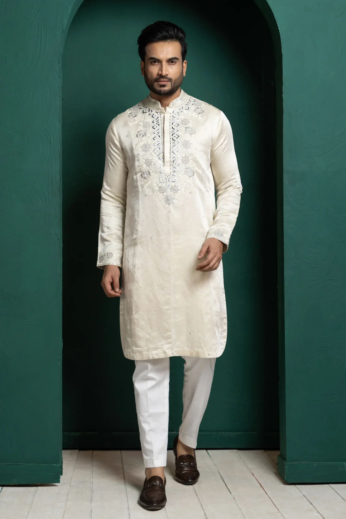 Ivory Embroidered Kurta from Golden Muslin By Anuj Agarwal