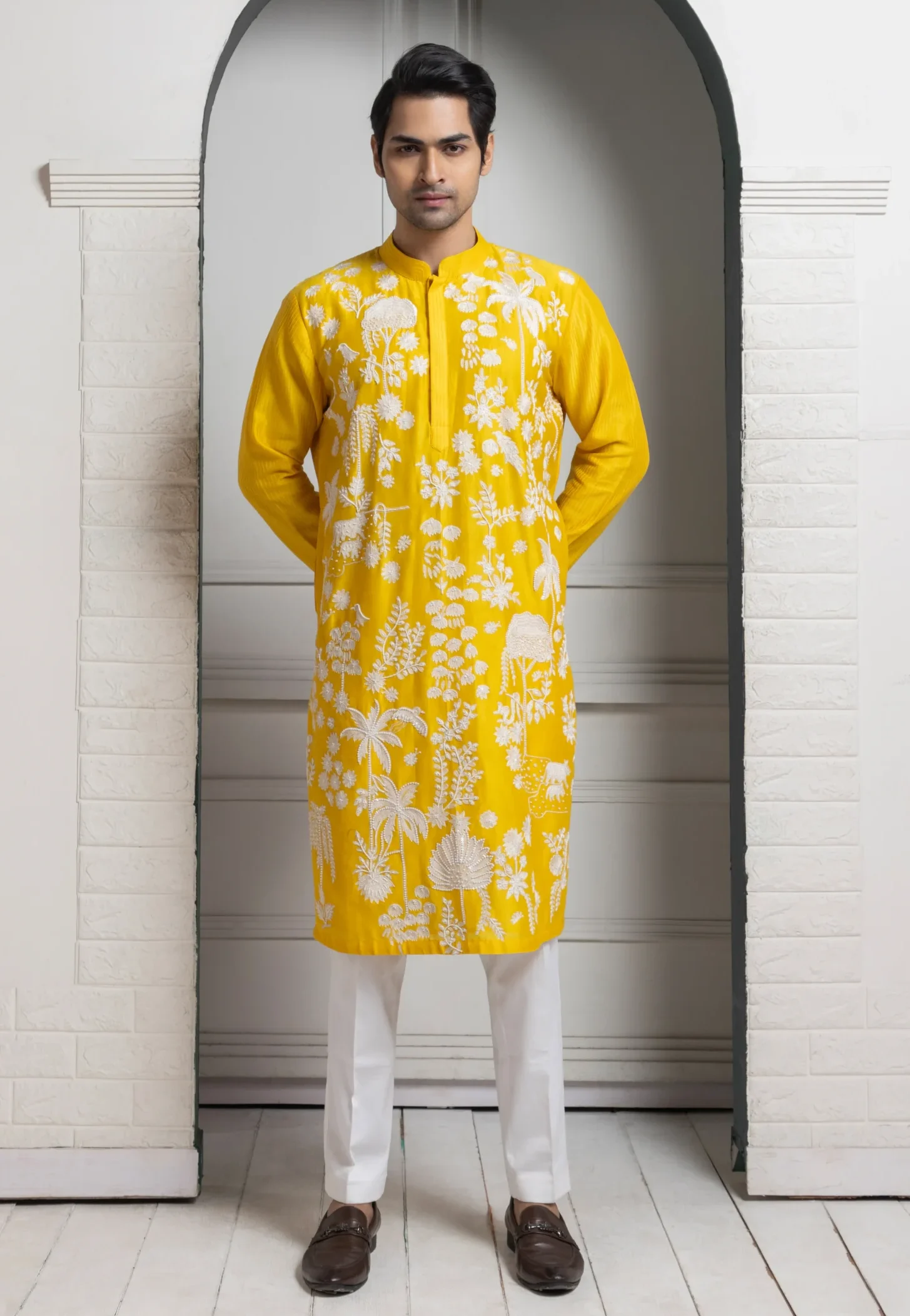 Golden Muslin Sunshine Yellow Embroidered Kurta Set with white botanical embroidery and mandarin collar