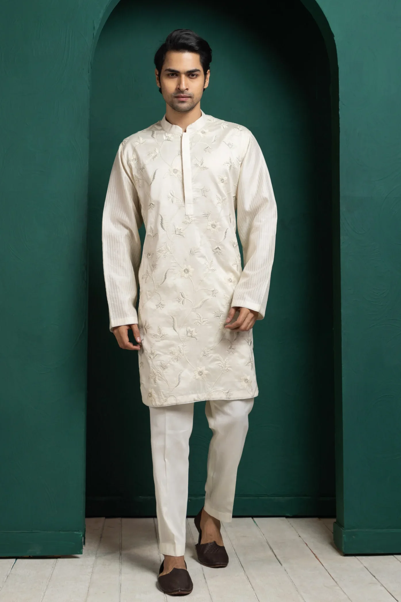 Ivory Floral Embroidered Kurta from Golden Muslin By Anuj Agarwal