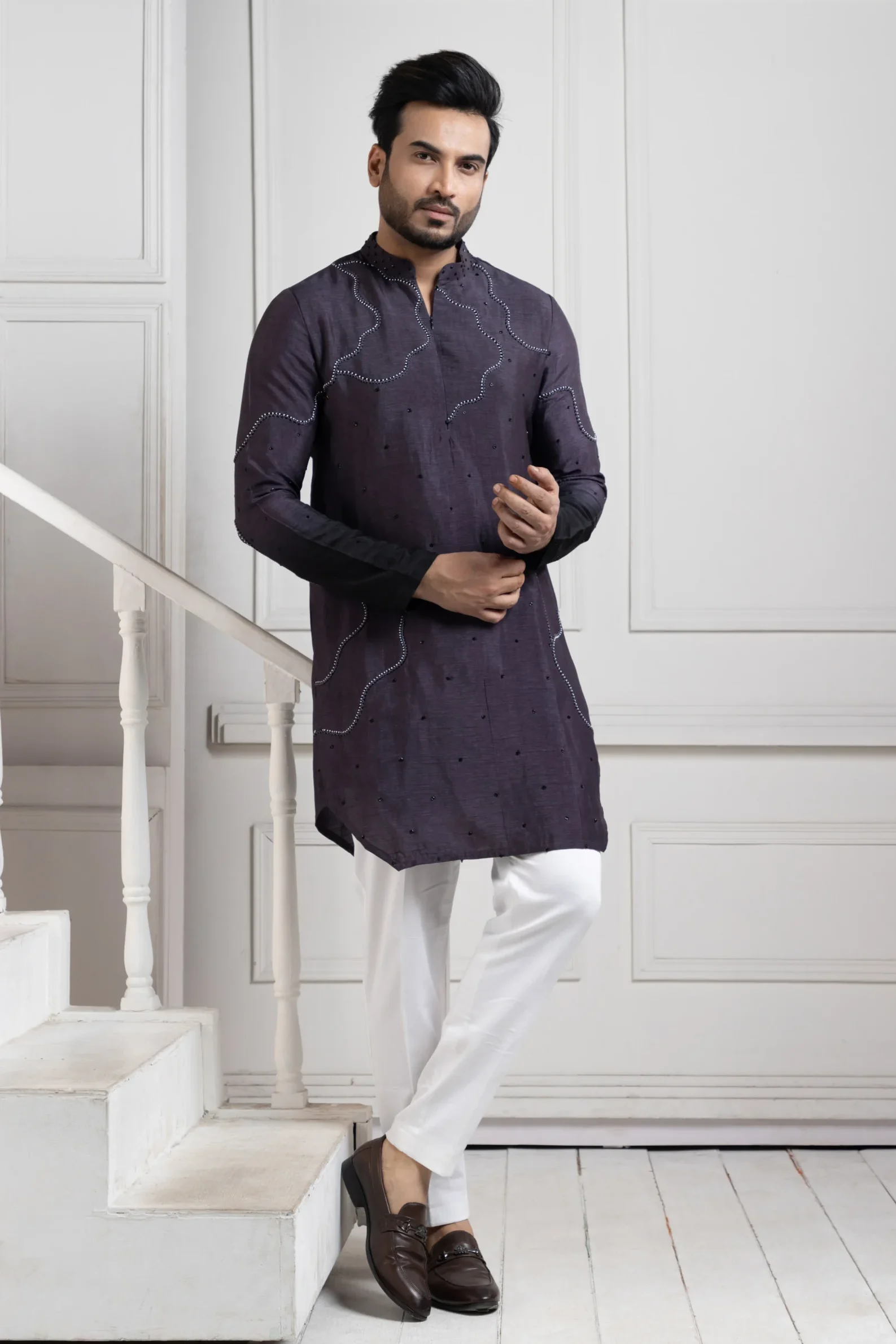 Dark Purple Eclipsed Elegance Embroidered Kurta from Golden Muslin By Anuj Agarwal