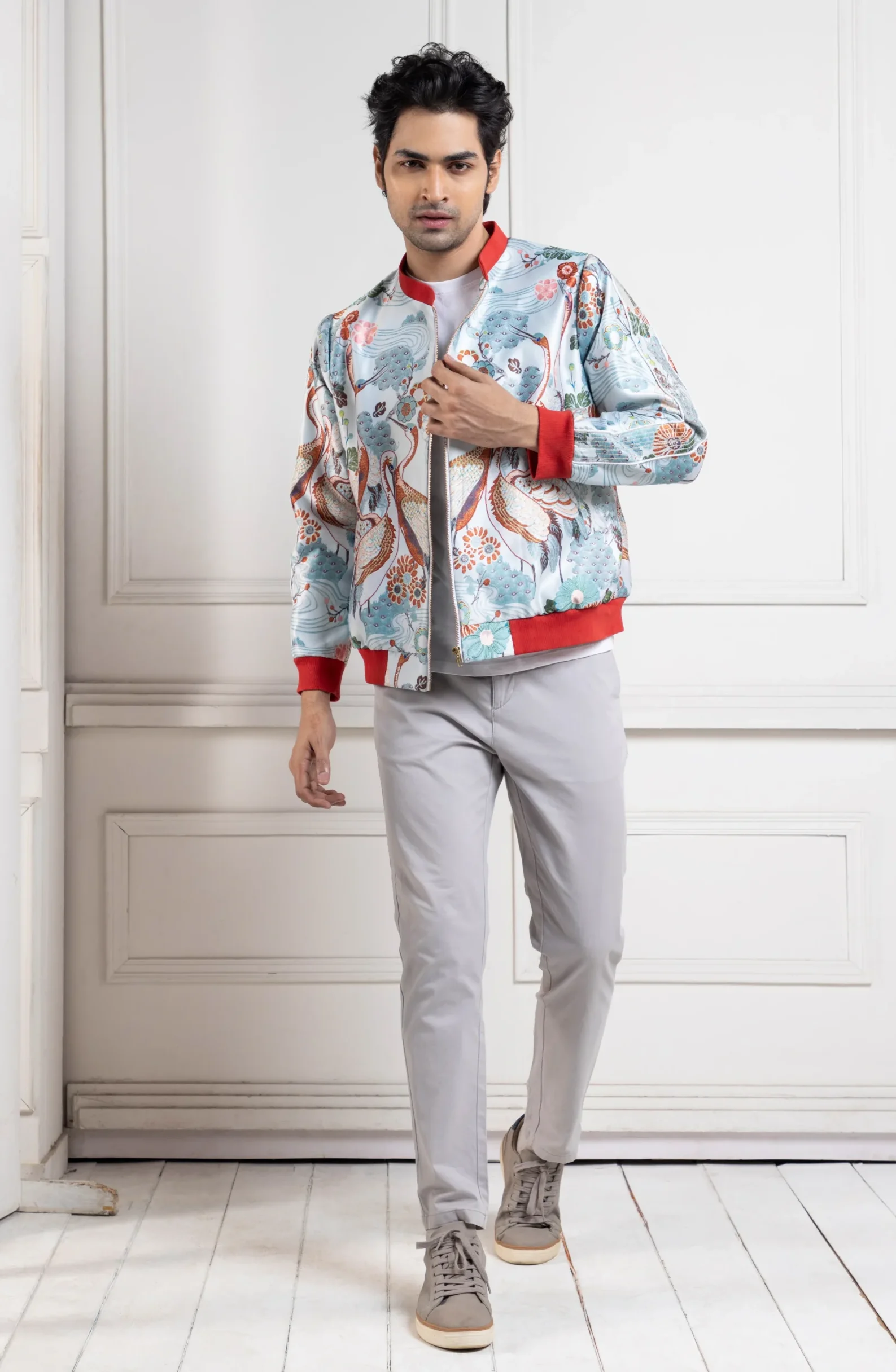 Golden Muslin Botanical Fusion Abstract Print Bomber Jacket in azure and terracotta tones
