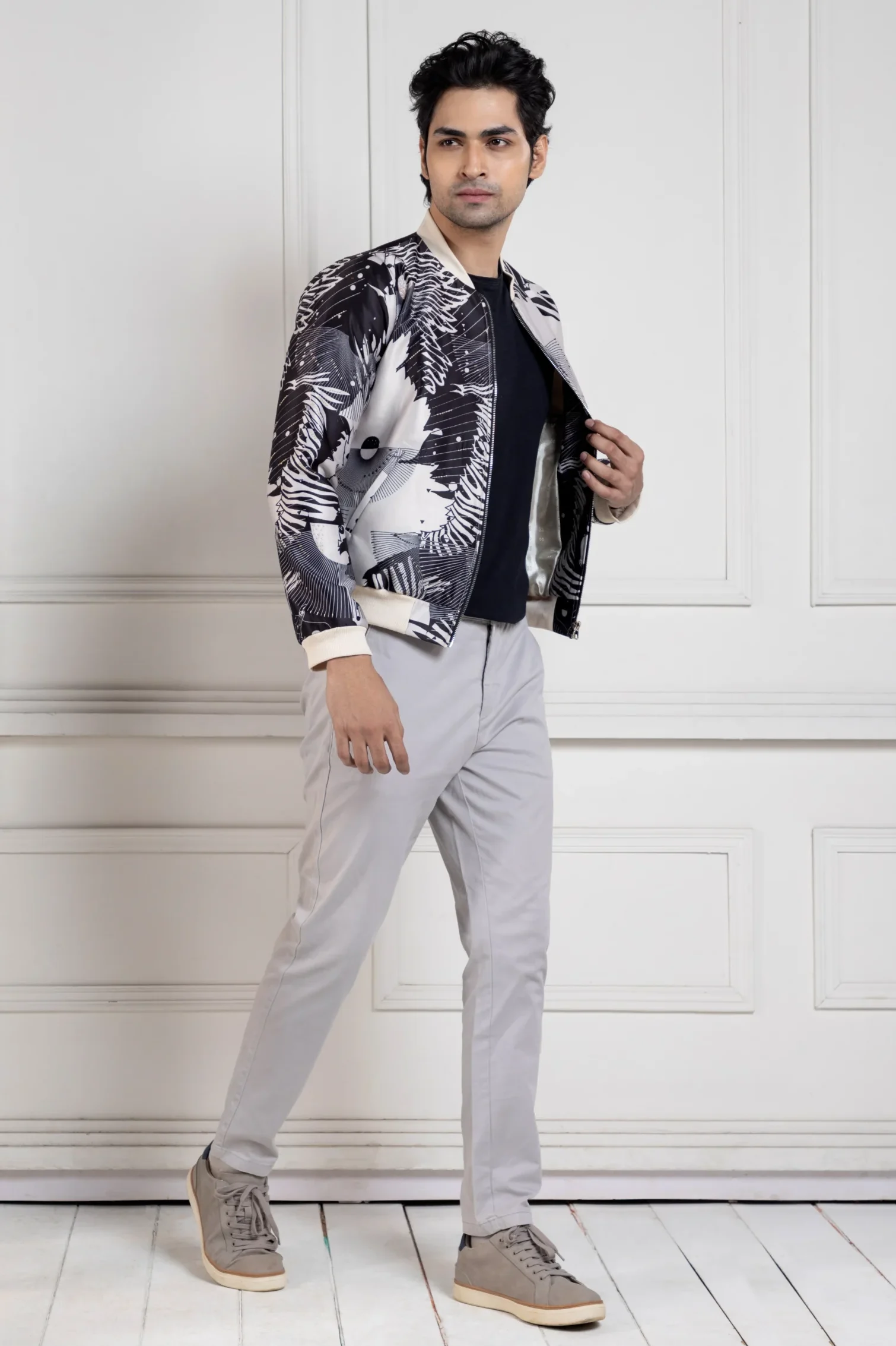Golden Muslin Urban Monochrome Bomber Jacket with grayscale floral and abstract print