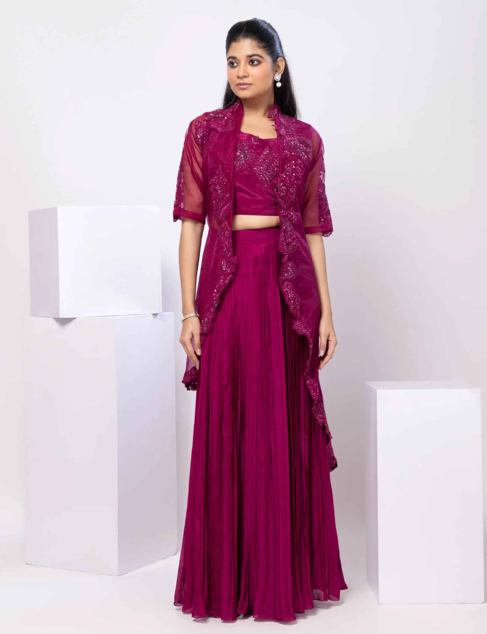 Garnet Magenta Embellished Skirt Set with Jacket from Golden Muslin By Anuj Agarwal