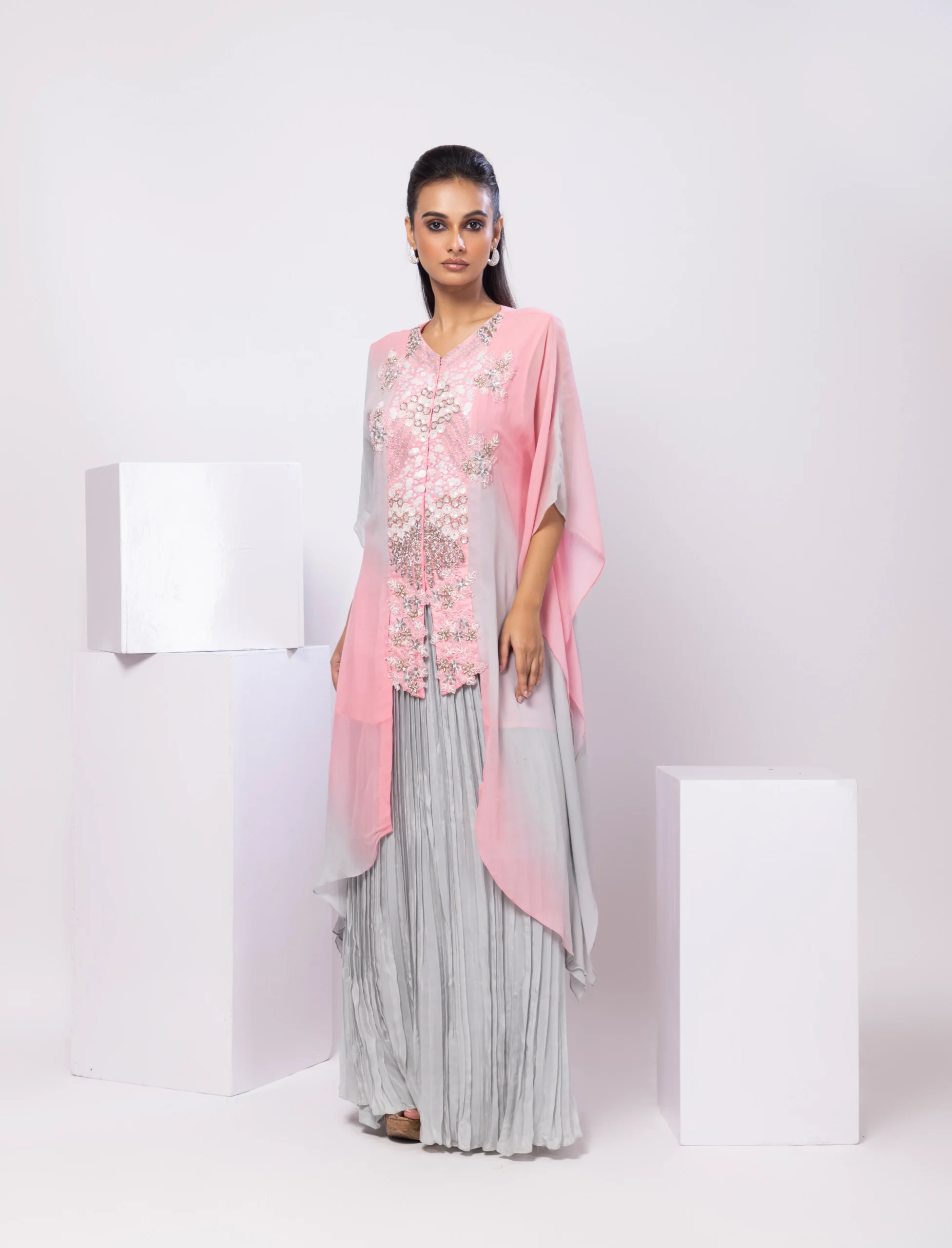 Pink Grey Embroidered Kaftan Skirt Set from Golden Muslin By Anuj Agarwal