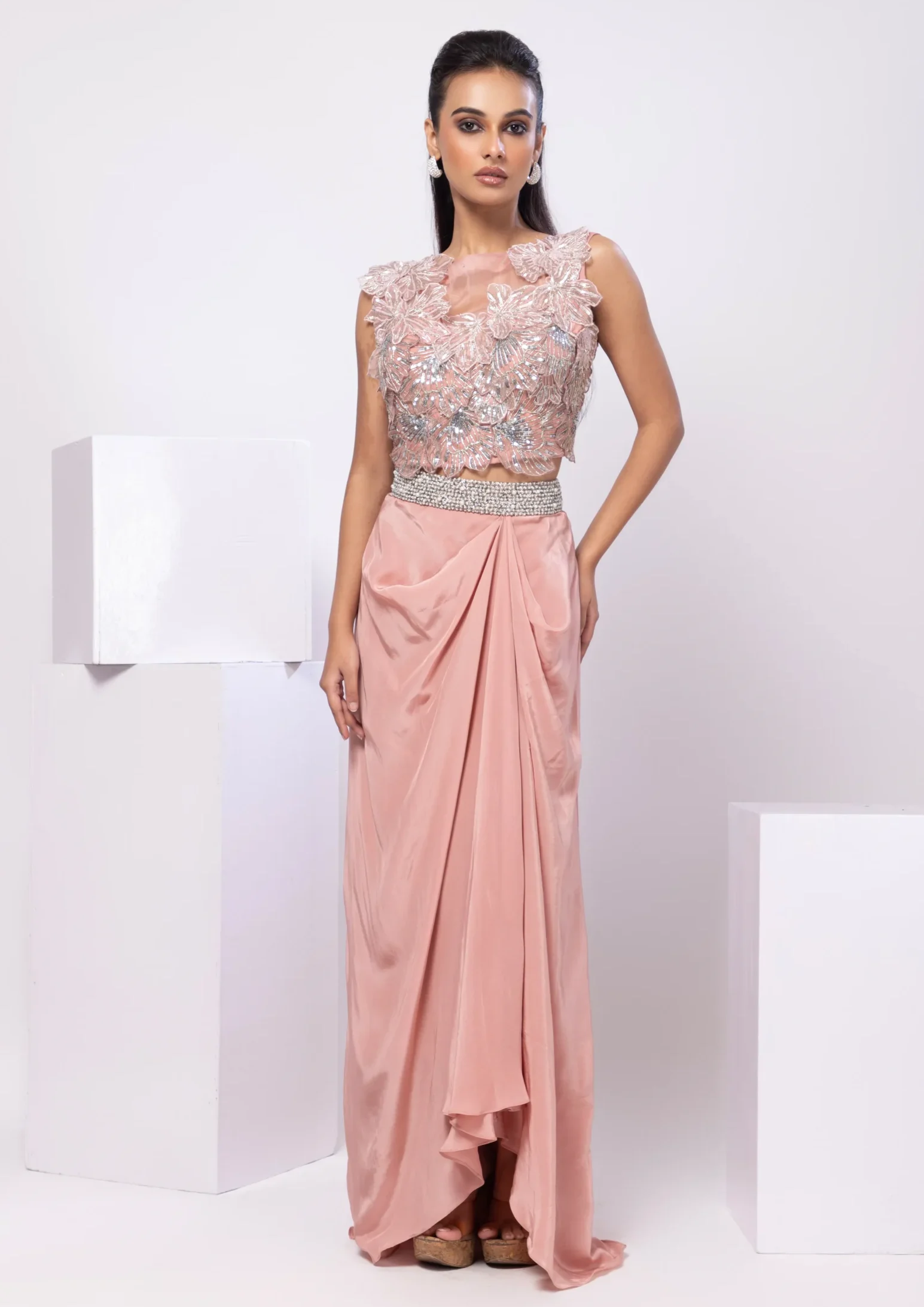 Rose Gold Pink Shimmer Drape Skirt Set with 3D Floral Embroidery from Golden Muslin By Anuj Agarwal