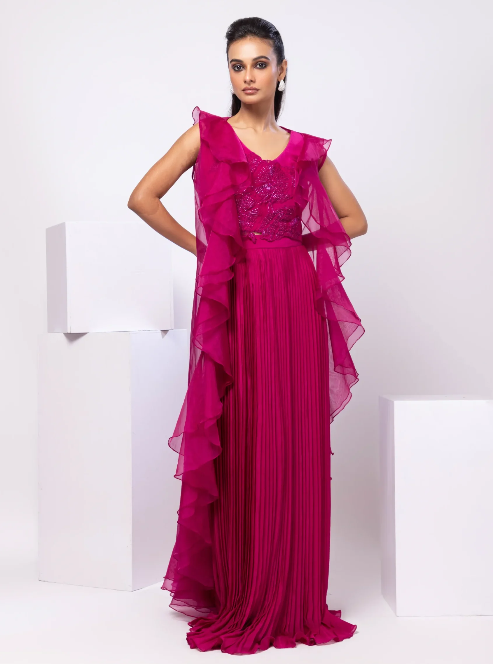 Fuchsia Pink Embroidered Ruffle Jacket Skirt Set from Golden Muslin By Anuj Agarwal