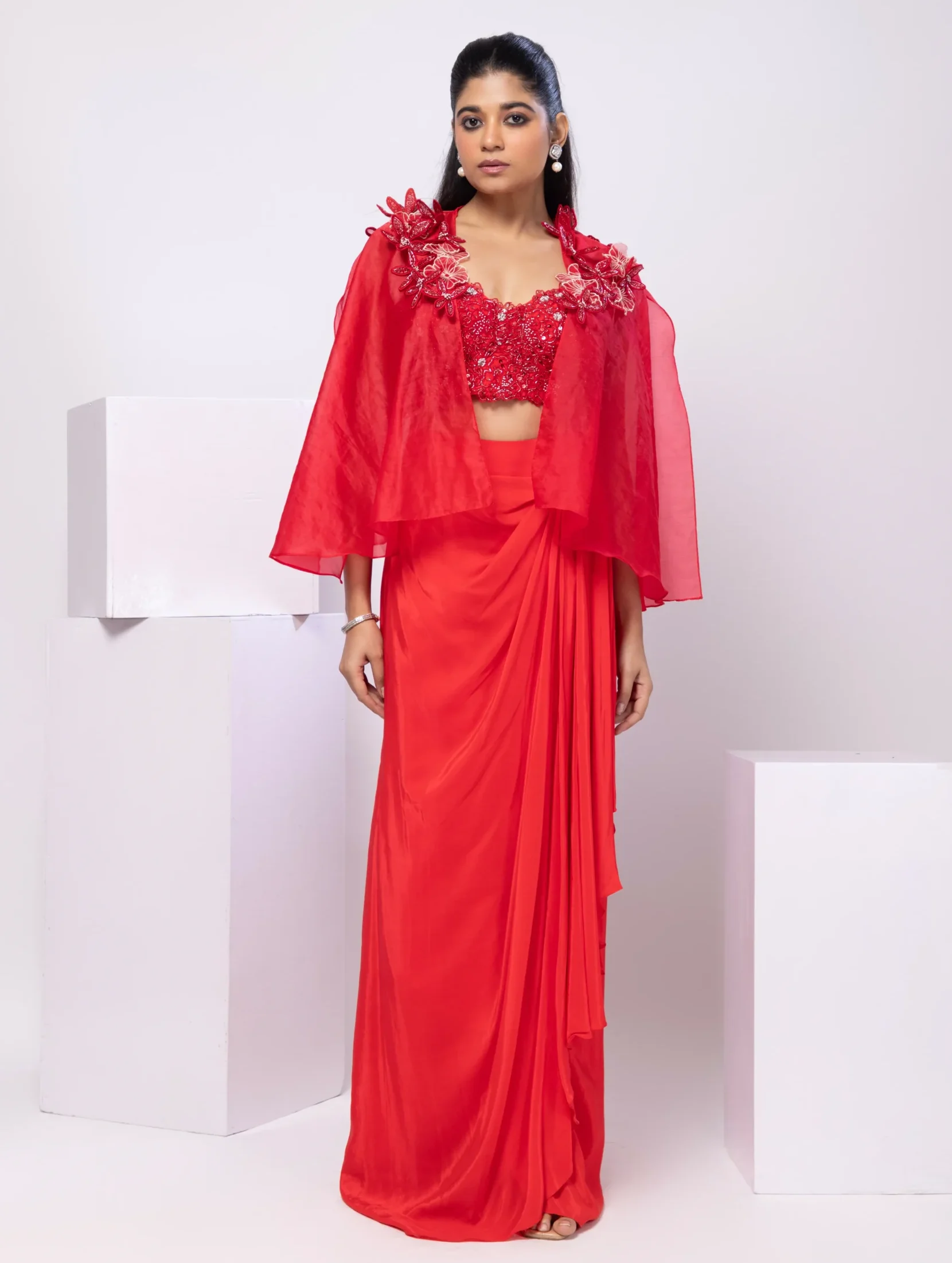 Red Applique Bustier Drape Skirt Set with Cape from Golden Muslin By Anuj Agarwal