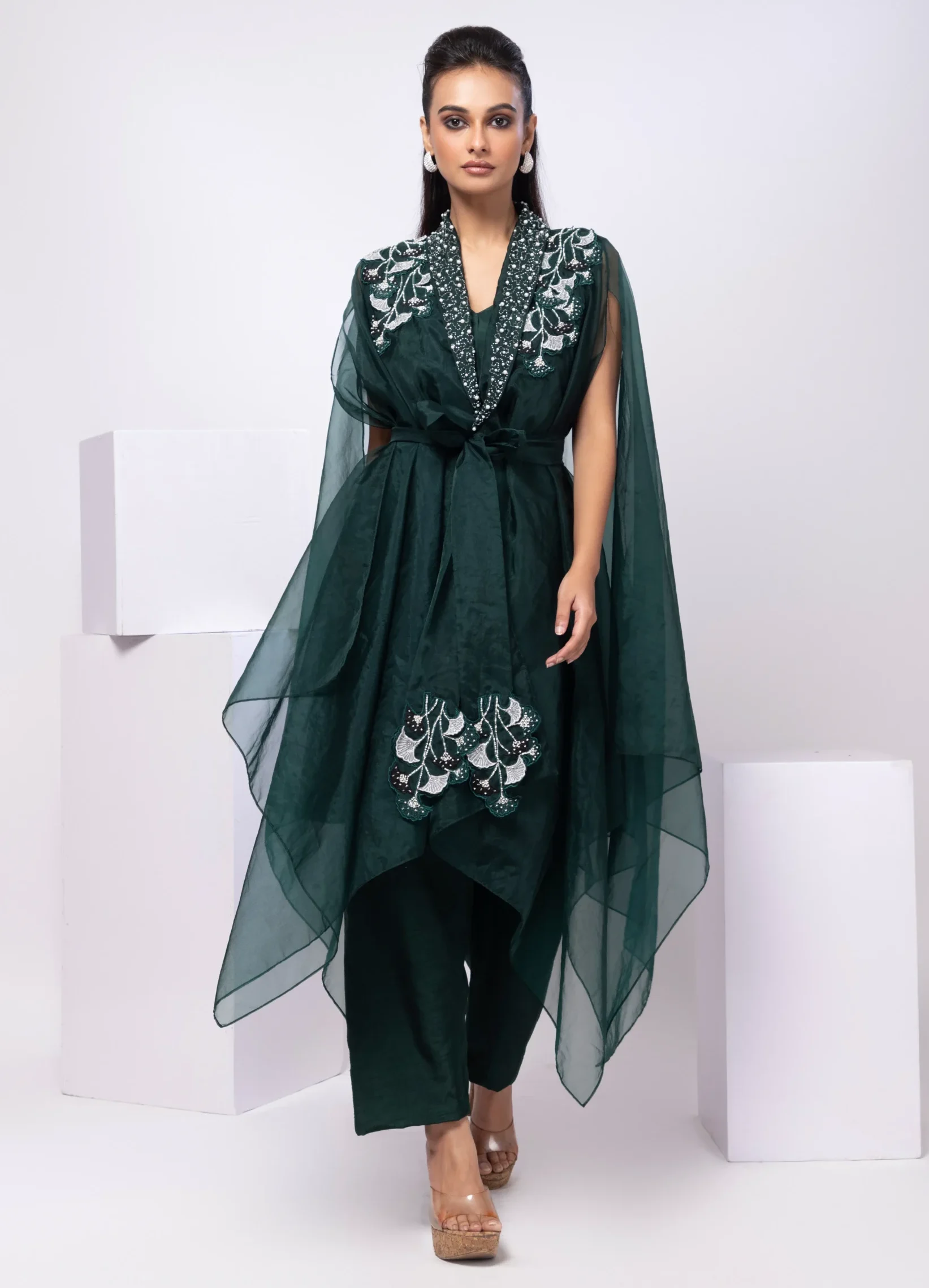 Floral Applique Four Piece Kurta Set with Cape from Golden Muslin By Anuj Agarwal