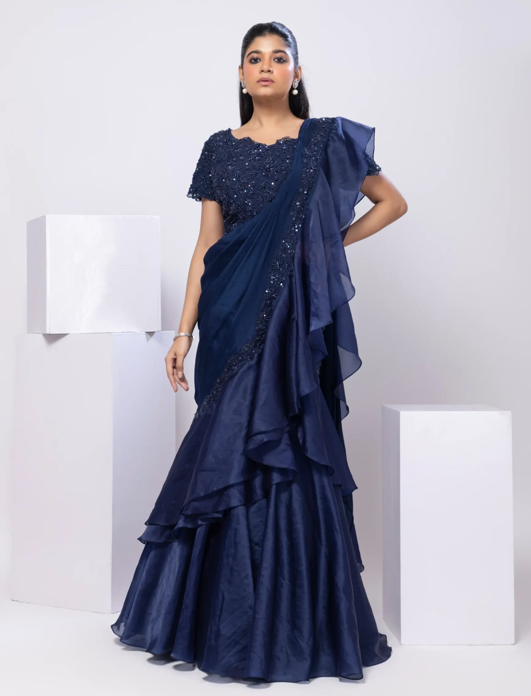 Navy Blue Drape Saree Set with Ruffle Skirt from Golden Muslin By Anuj Agarwal