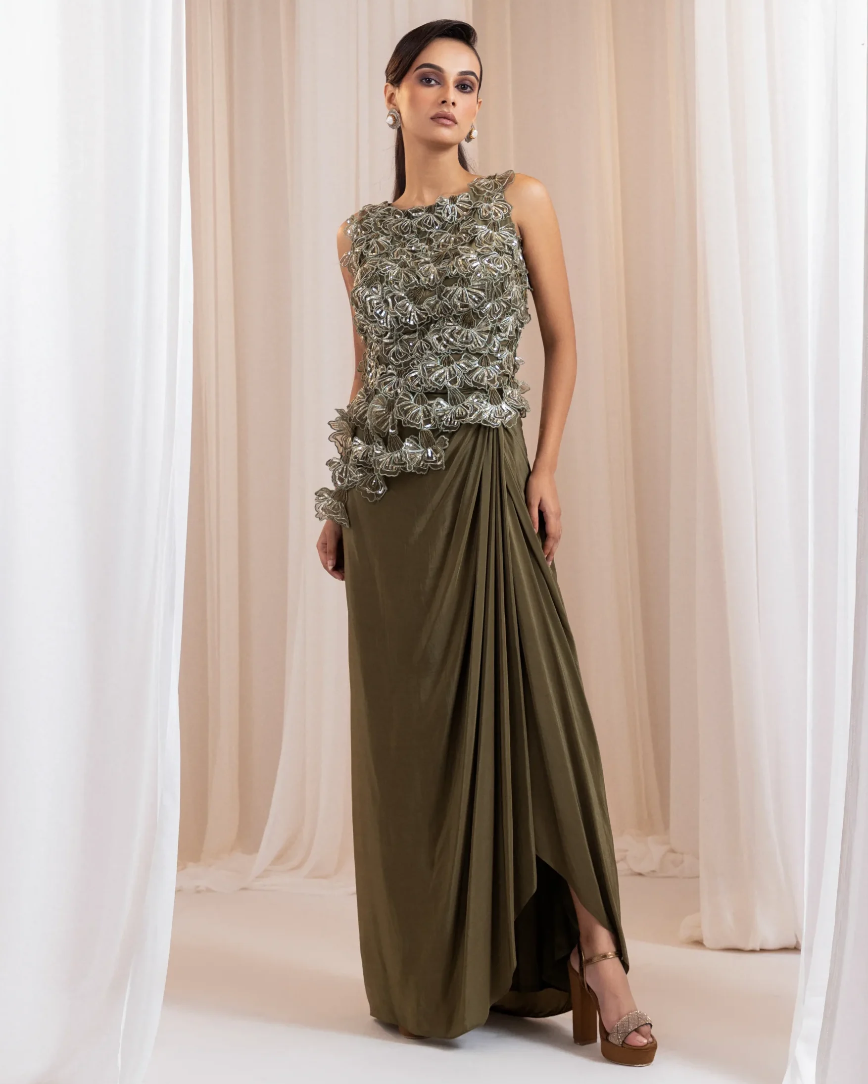 Olive Green Draped Skirt Set with 3D Floral Embroidery from Golden Muslin By Anuj Agarwal