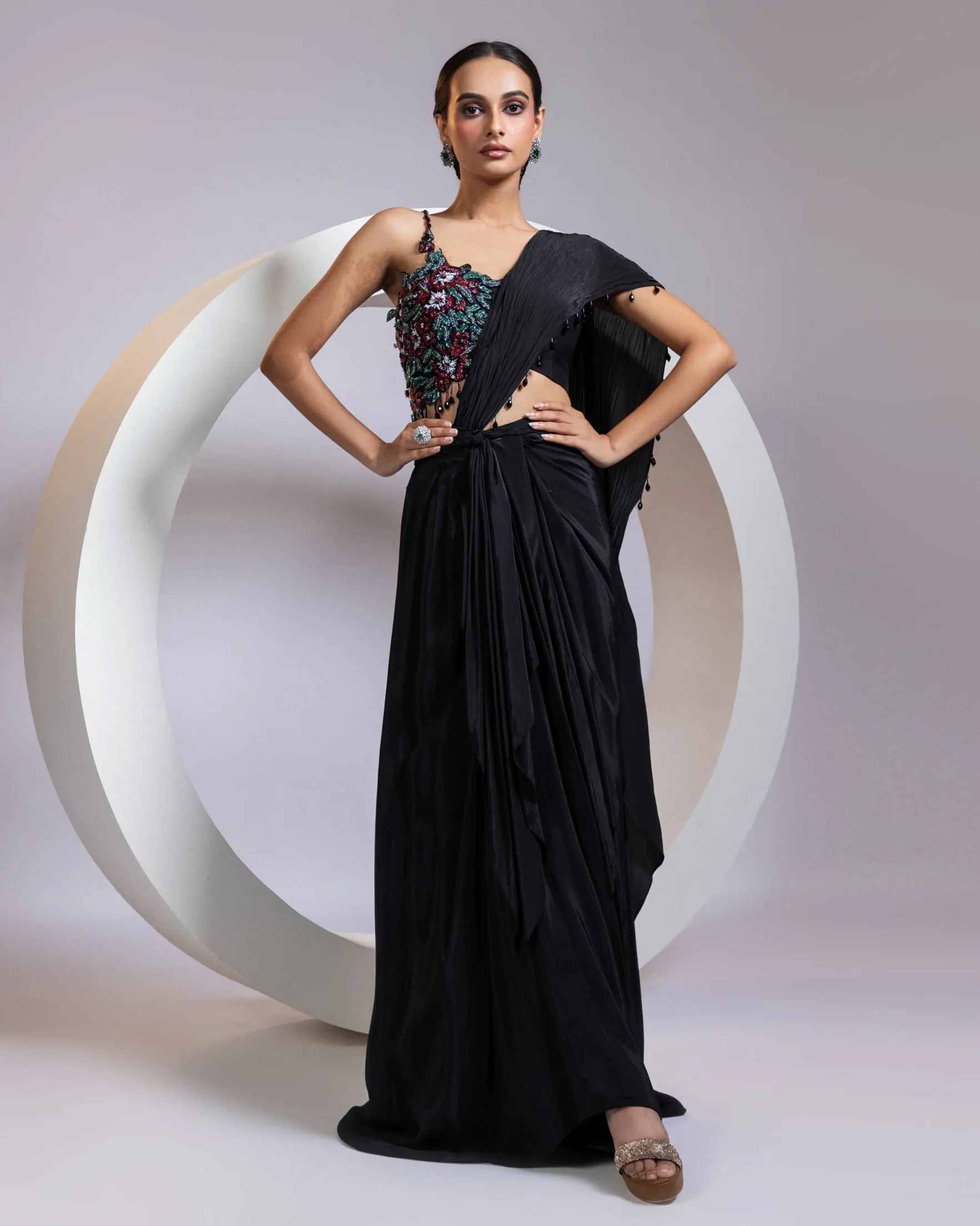 Black Draped Saree with floral cutdana embroidery from Golden Muslin By Anuj Agarwal