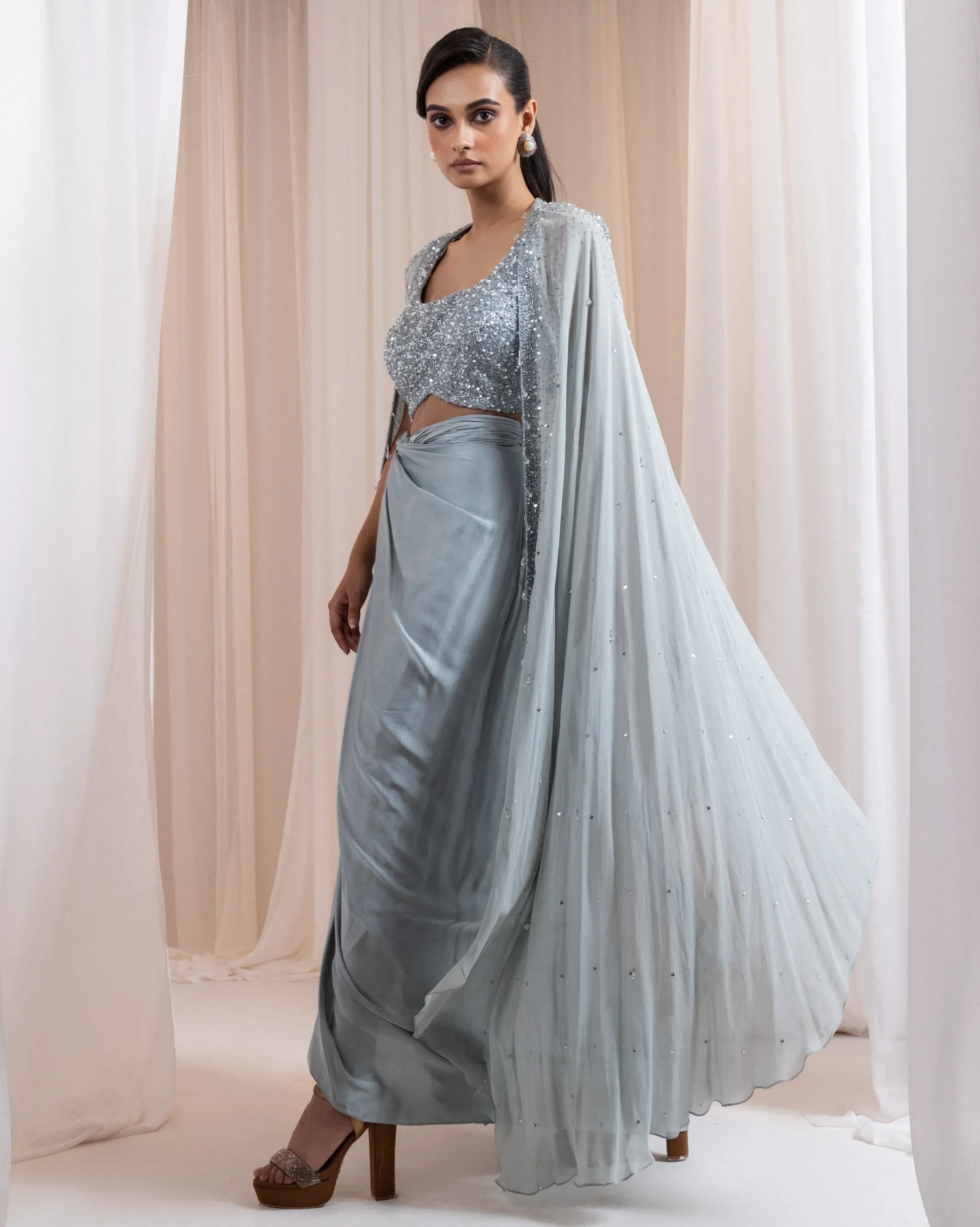 Dusty Sage Grey Three Piece Drape Skirt Set with embellished blouse from Golden Muslin By Anuj Agarwal
