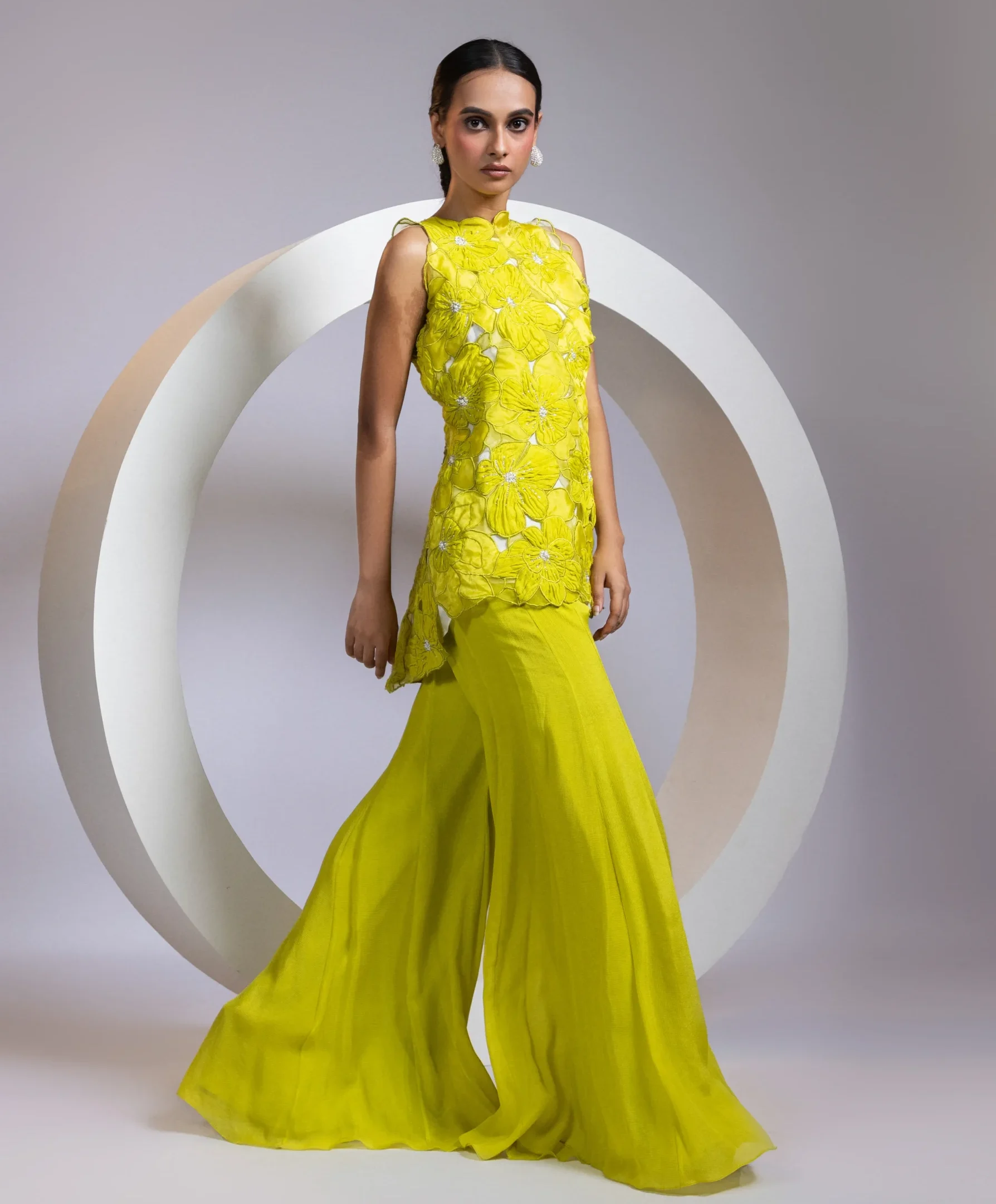 Chartreuse yellow 3D floral coord set with organza appliqué and palazzo pants from Golden Muslin By Anuj Agarwal