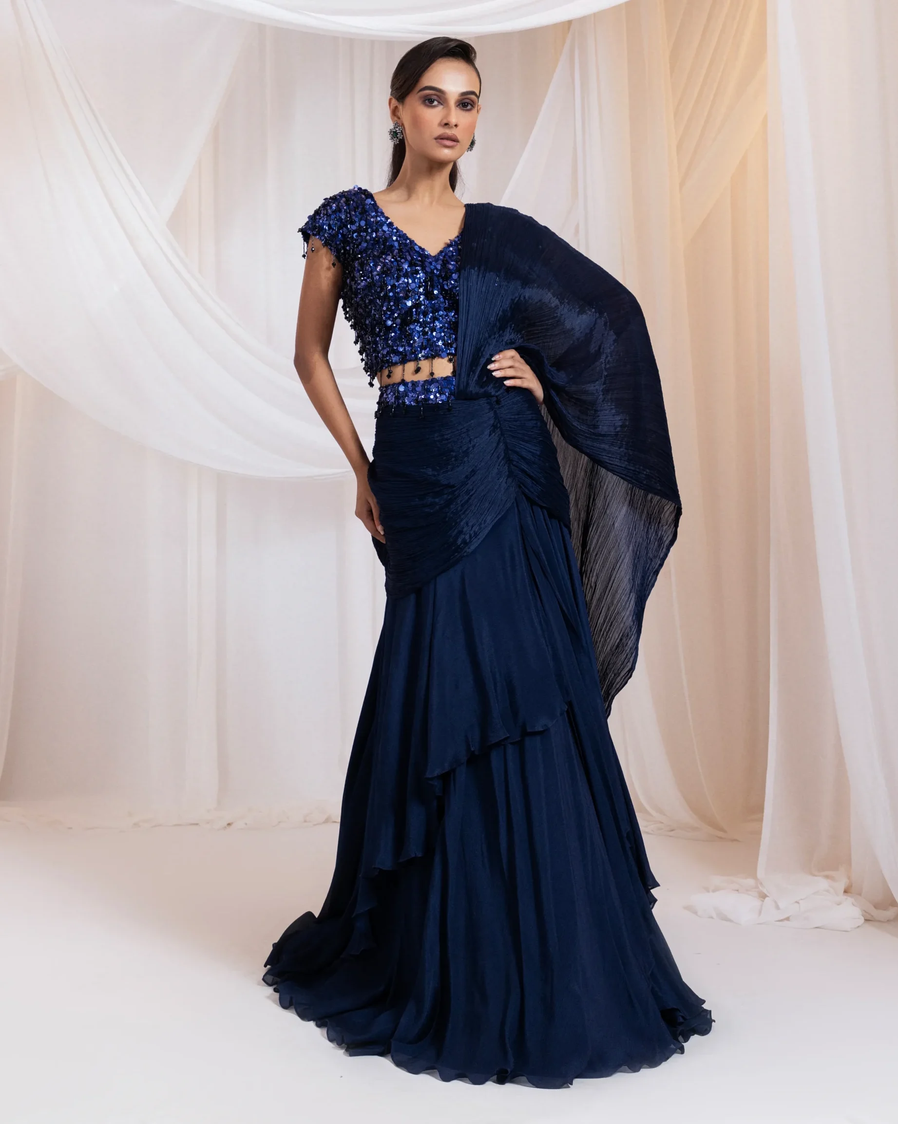 Golden Muslin Navy Embellished Blouse and Layered Skirt Ensemble with pleated dupatta
